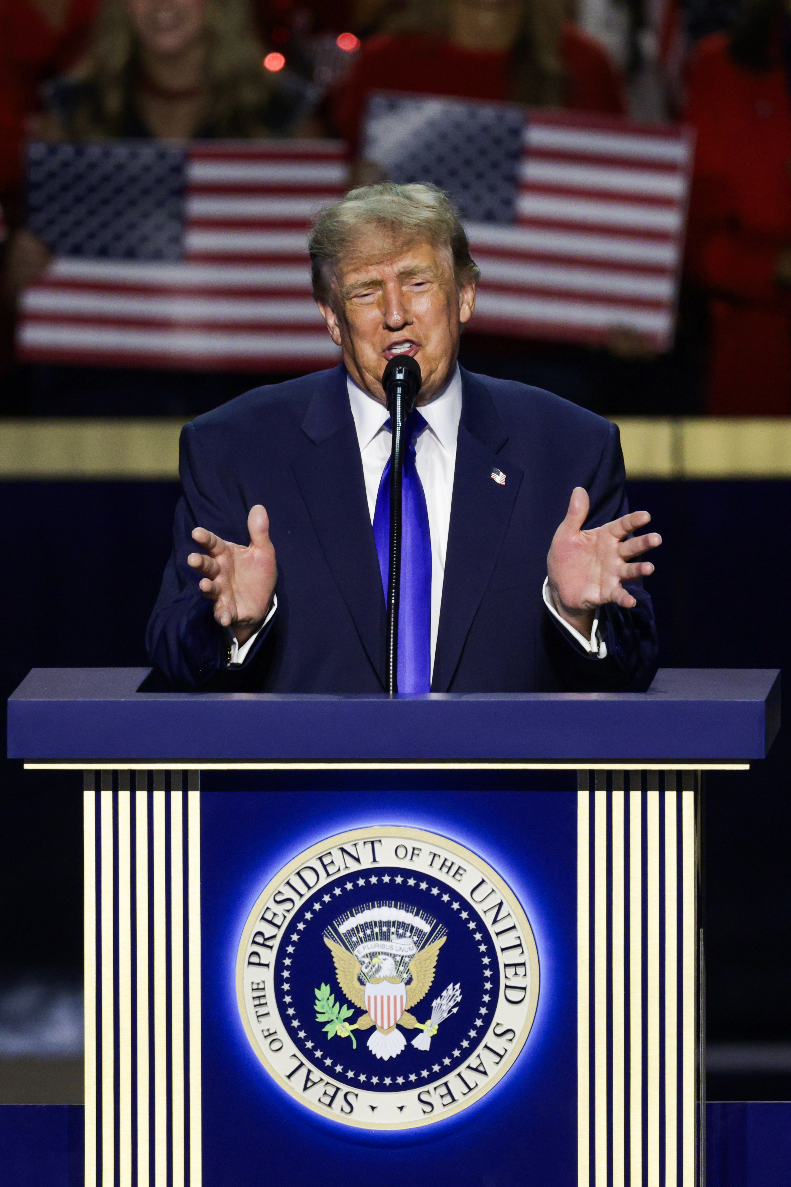 DALLAS, TEXAS - SEPTEMBER 09: U.S. President Donald Trump speaks on stage on the first day of the 2026 Republican National Convention at the American Airlines Center on September 09, 2026 in Dallas, Texas. U.S. President Donald Trump will headline the Republican National Committee's first-ever midterm convention as he aims to highlight his administration’s achievements and rally support for GOP candidates just two months before the upcoming elections being held on November 3. (Photo by Alex Wong/Getty Images)