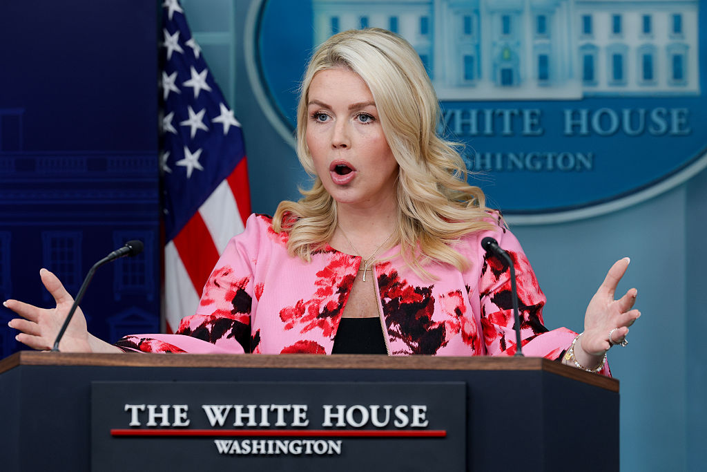 WASHINGTON, DC - MARCH 30:White House Press Secretary Karoline Leavitt speaks during a news briefing at the James S. Brady Press Briefing Room of the White House on March 30, 2026 in Washington, DC. Leavitt discussed a wide range of topics, including the conflict in Iran and funding for the Department of Homeland Security.  (Photo by Alex Wong/Getty Images)