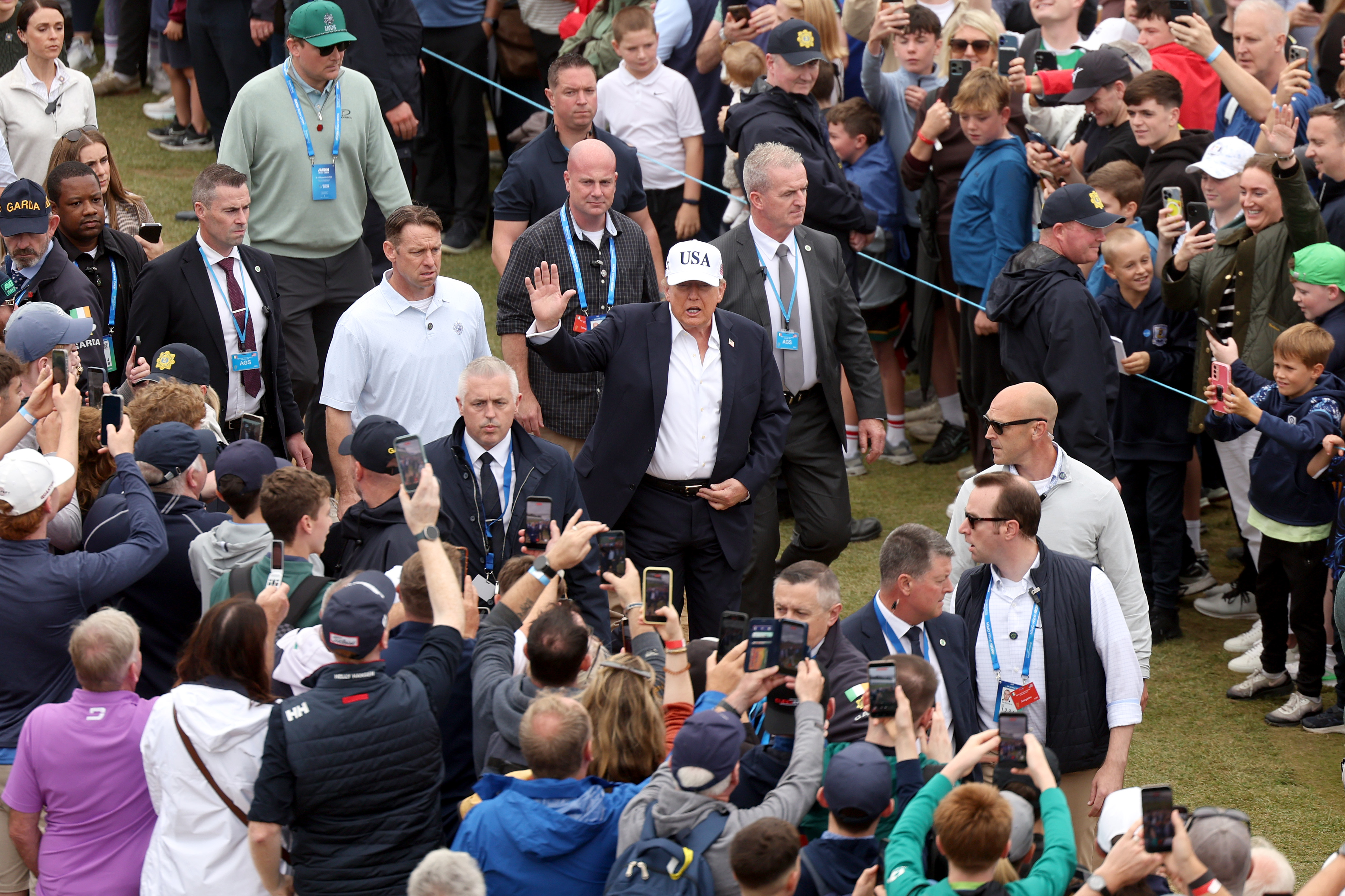 COUNTY CLARE, IRELAND - SEPTEMBER 13: U.S. President Donald Trump walks to the first tee box on day four of the Amgen Irish Open at Trump International Golf Links in Doonbeg on September 13, 2026 in Clarecastle, Ireland. (Photo by Jasper Wax/Getty Images)