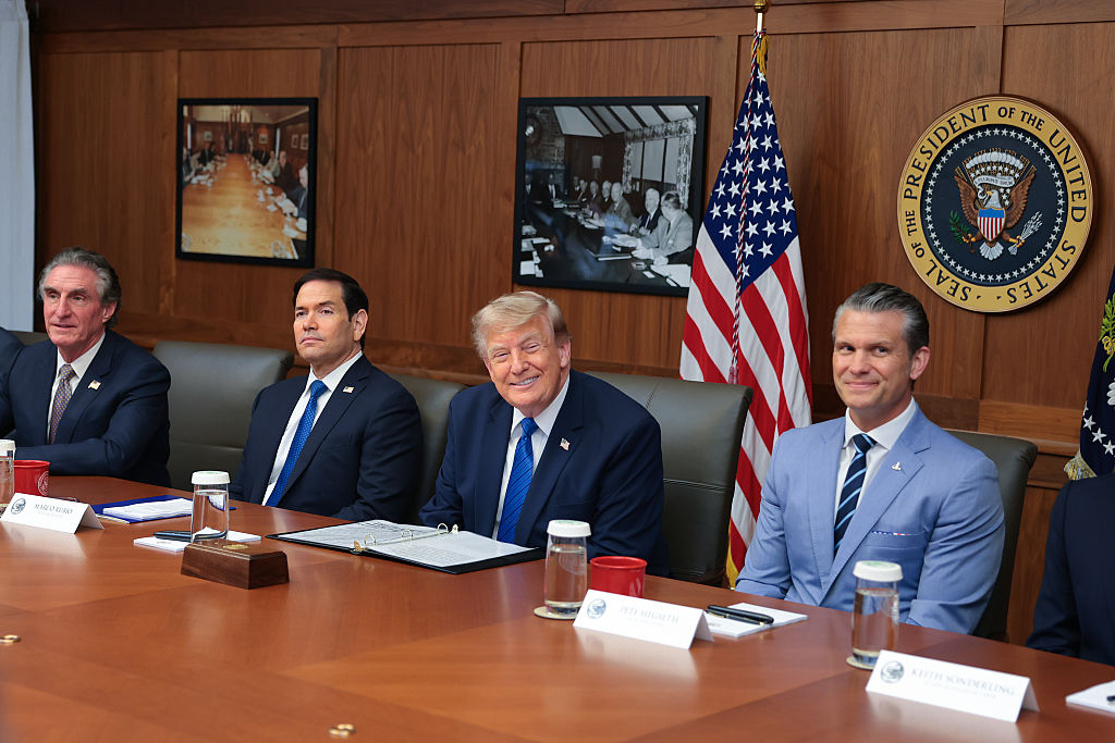 CAMP DAVID, MARYLAND - JULY 31:  U.S. President Donald Trump speaks during a Cabinet meeting at Camp David, the presidential retreat, with (L-R) Secretary of the Interior Doug Burgum, Secretary of State Marco Rubio, and Secretary of Defense Pete Hegseth on July 31, 2026 in Camp David, Maryland. Trump convened members of his Cabinet at the presidential retreat as the war with Iran continues.  (Photo by Anna Moneymaker/Getty Images)