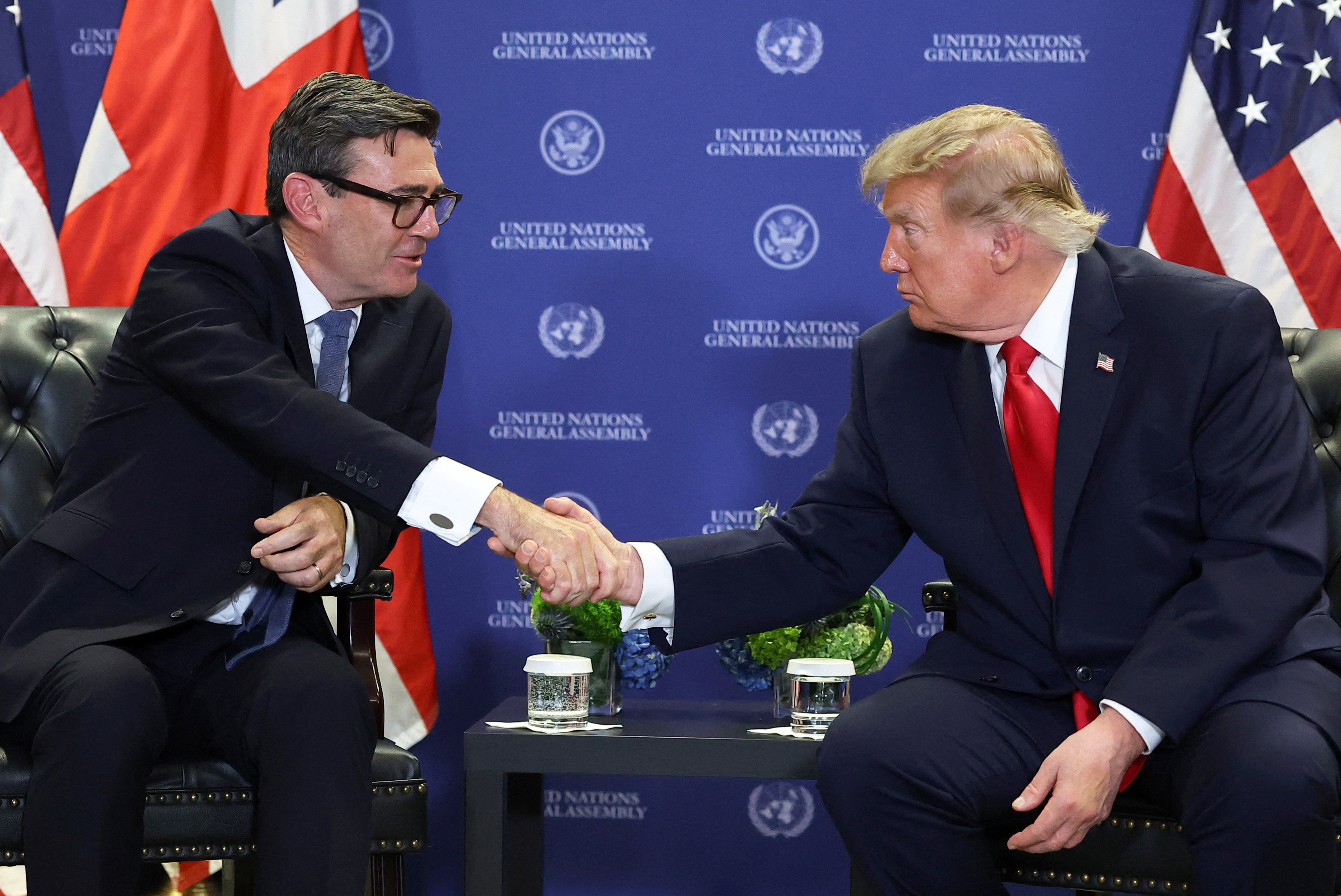 Britain's Prime Minister Andy Burnham, left, meets with US President Donald Trump on the sidelines of the 81st United Nations General Assembly, in New York City, Tuesday Sept. 22, 2026. (Toby Melville/Pool Photo via AP)