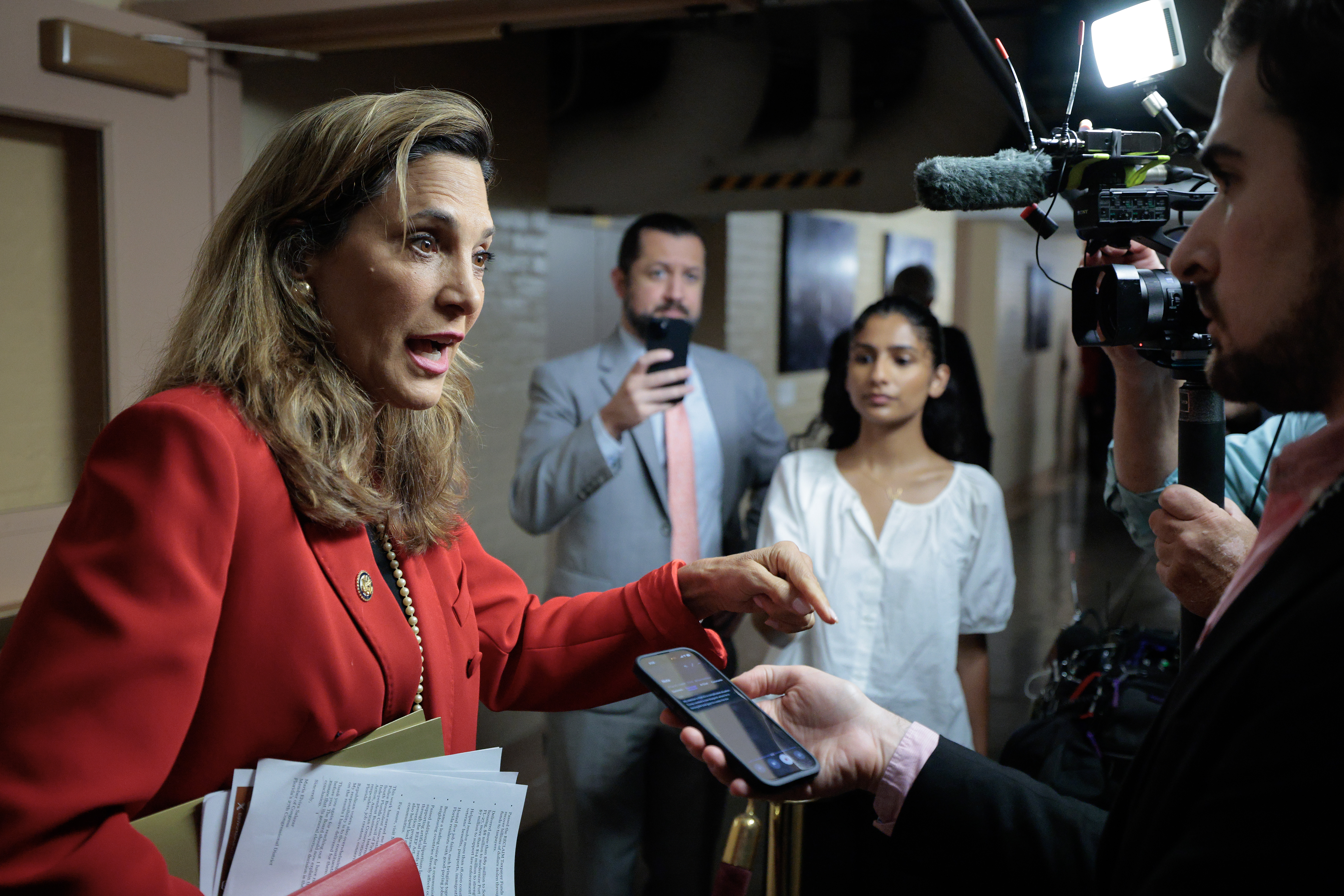 WASHINGTON, DC - SEPTEMBER 01: Rep. Maria Elvira Salazar (R-FL) talks to reporters following a House Republican conference in the basement of the U.S. Capitol on September 01, 2026 in Washington, DC. Republicans are working to pass a continuing resolution that would fund the federal government through the midterm election, all before the Labor Day holiday break. (Photo by Chip Somodevilla/Getty Images)