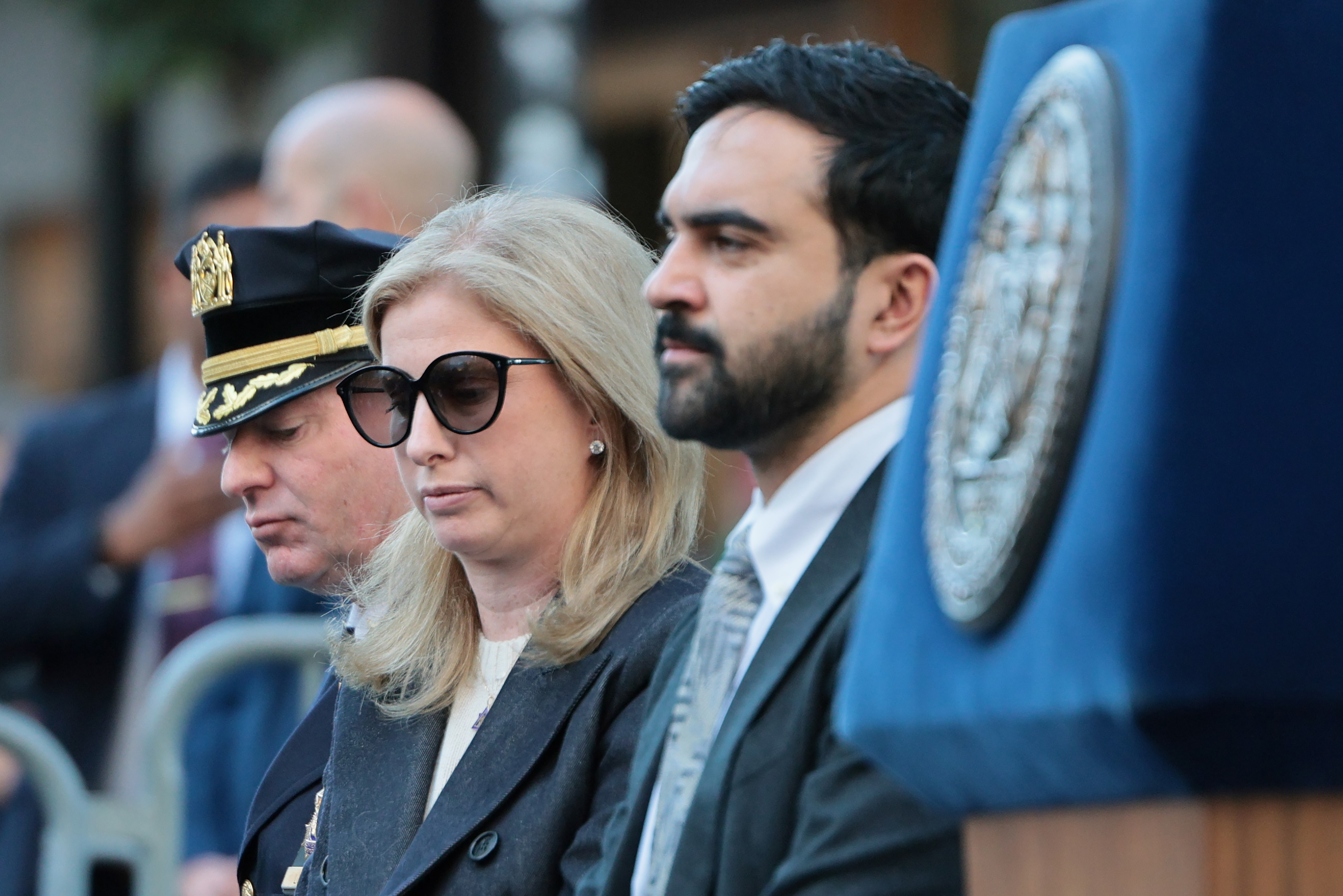 NEW YORK, NEW YORK - OCTOBER 13: New York Police Commissioner Jessica Tisch and Mayor Zohran Mamdani attend a ceremony at the NYPD Memorial Wall on October 13, 2026 in New York City. Mayor Mamdani was joined by New York Police Commissioner Jessica Tisch as added names of 42 fallen NYPD officers are unveiled at the memorial wall. The wall honors every NYPD officer who dies in the line of duty.  (Photo by Michael M. Santiago/Getty Images)