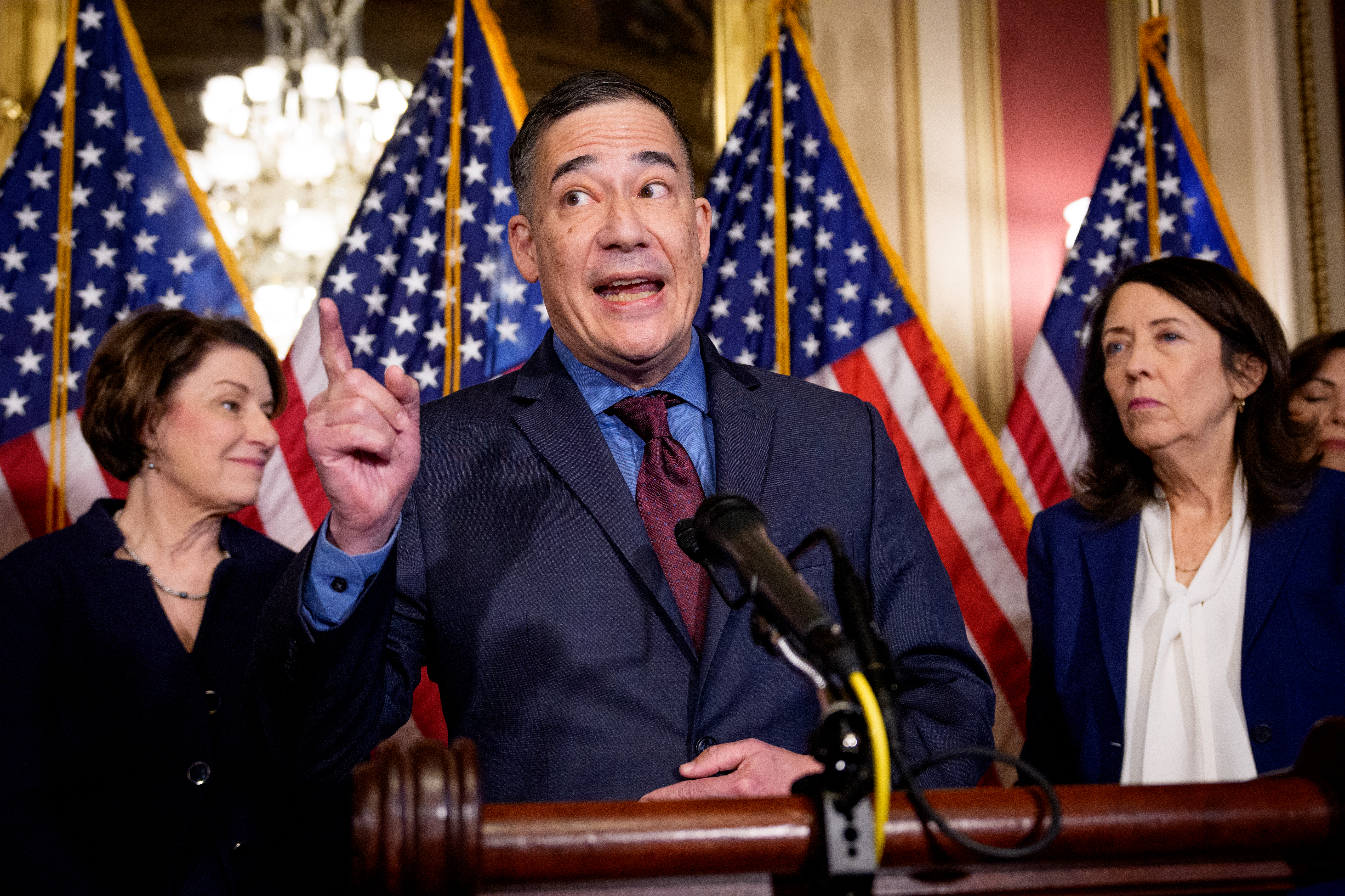 WASHINGTON, DC - FEBRUARY 24: Washington Secretary of State Steve Hobbs (C) speaks during a news conference titled