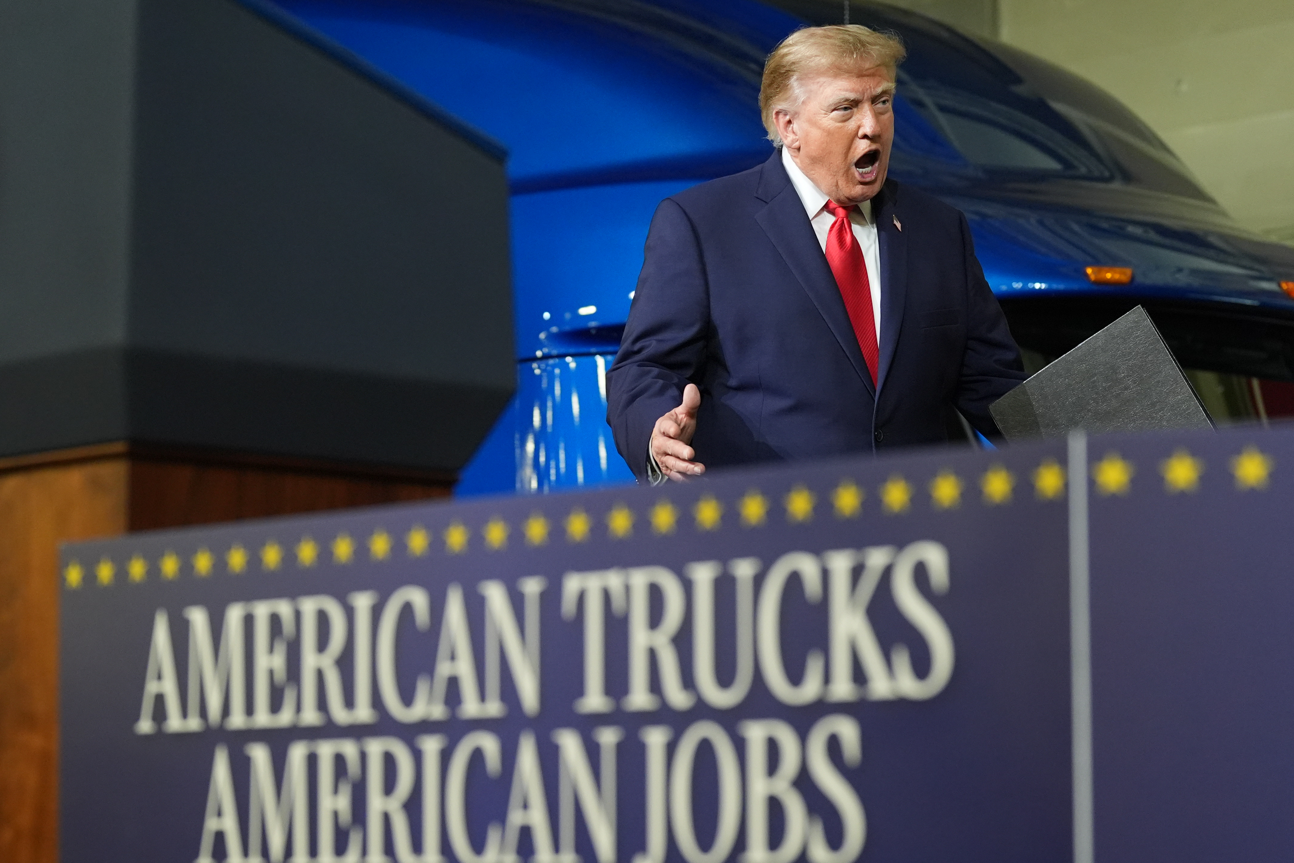 President Donald Trump arrives to speak at Peterbilt Motors, Thursday, Oct. 1, 2026, in Denton, Texas. (AP Photo/Alex Brandon)