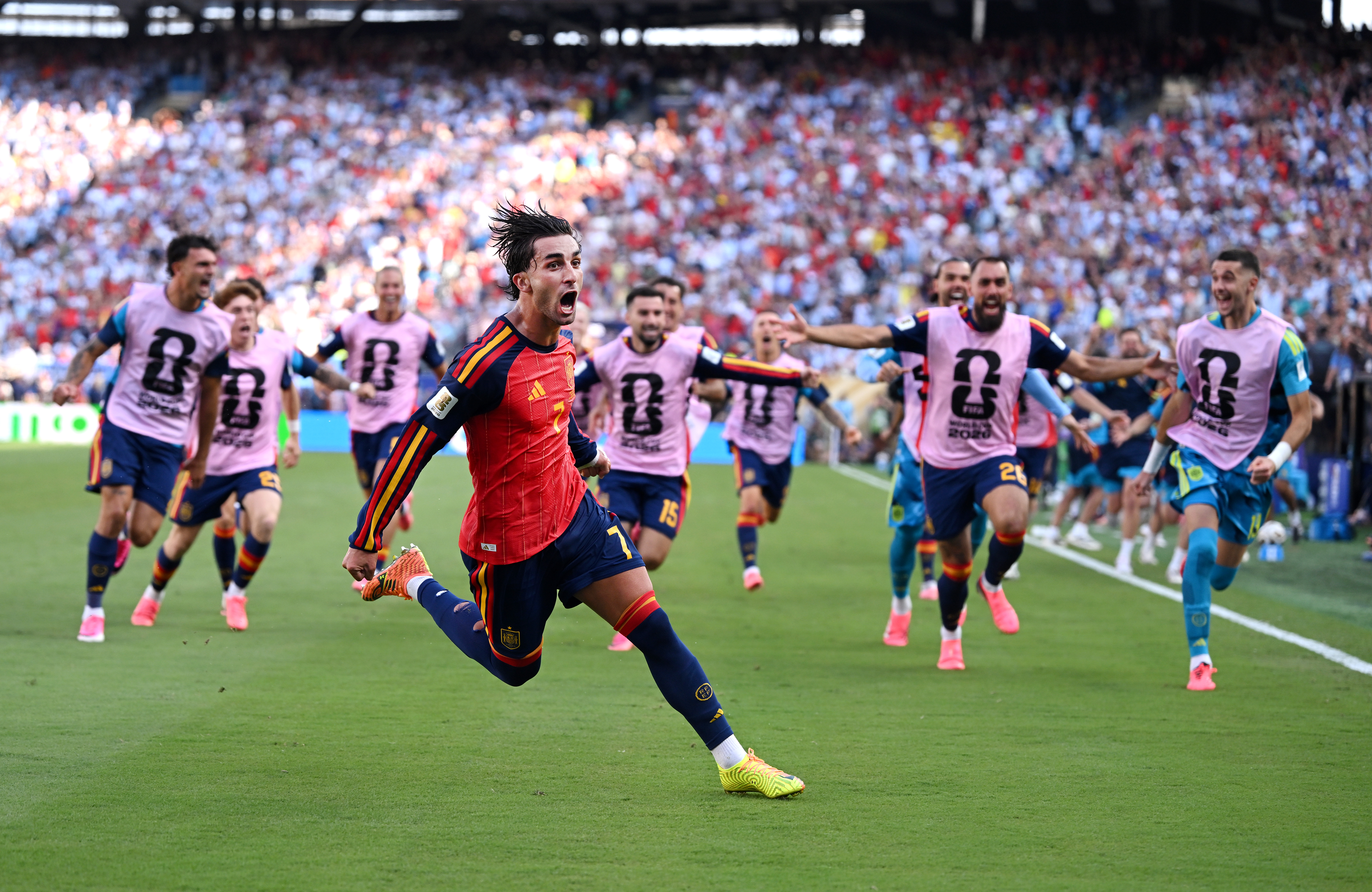 EAST RUTHERFORD, NEW JERSEY - JULY 19: Ferran Torres #7 of Spain celebrates scoring his team's first goal during the FIFA World Cup 2026 Final match between Spain and Argentina at New York New Jersey Stadium on July 19, 2026 in East Rutherford, New Jersey. (Photo by David Ramos/Getty Images)