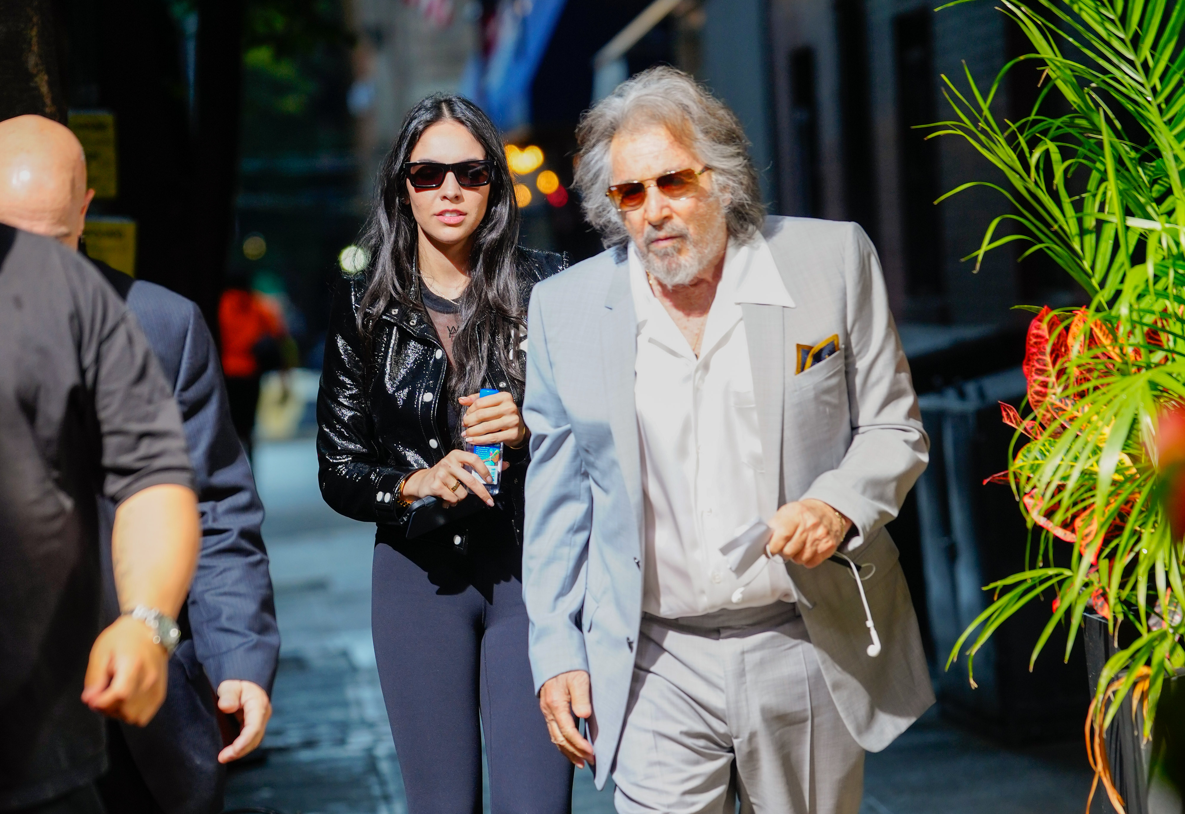 NEW YORK, NEW YORK - AUGUST 24: Noor Alfallah and Al Pacino arrive for a music video shoot with Bad Bunny on August 24, 2023 in New York City. (Photo by Gotham/GC Images)