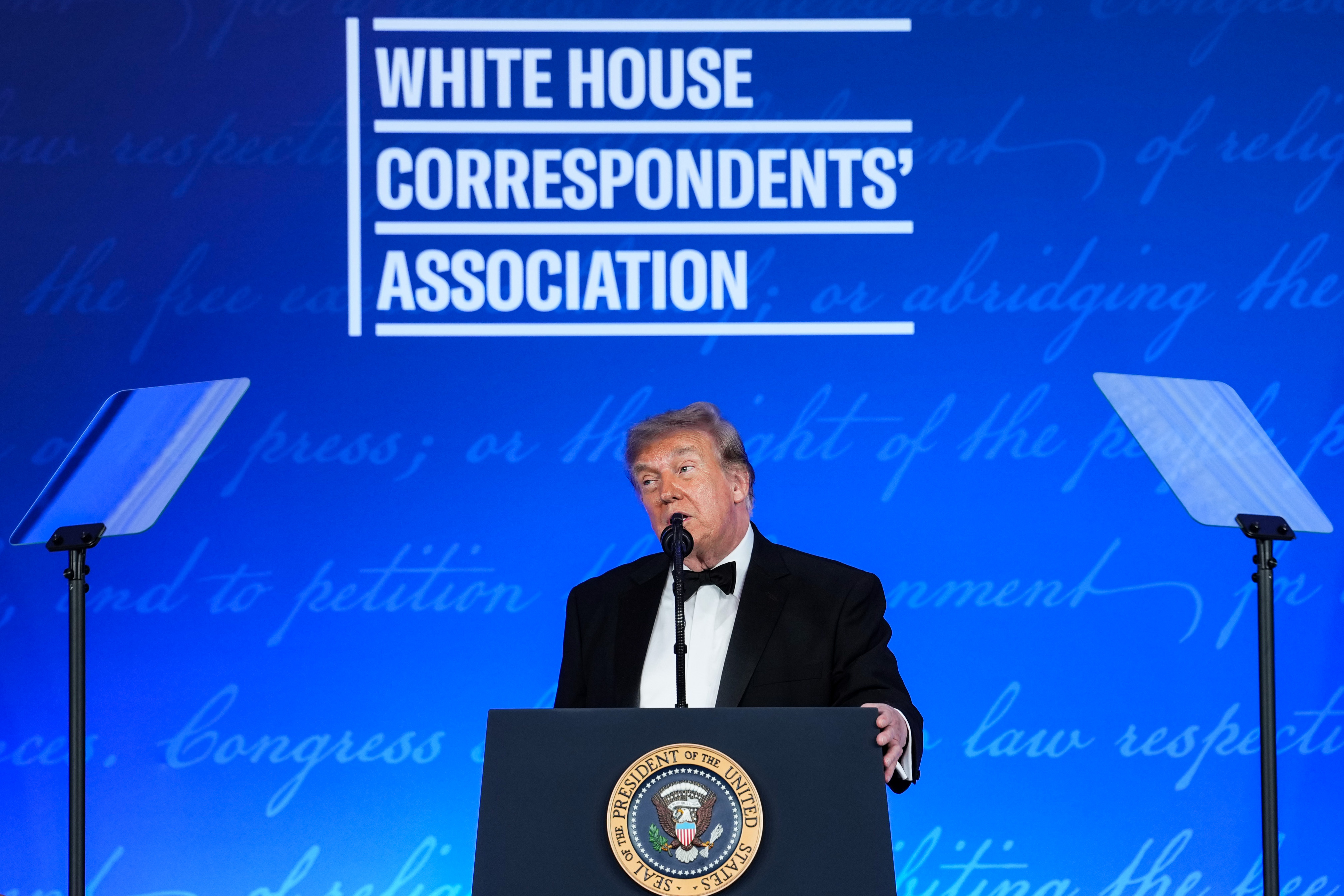U.S. President Donald Trump speaks during the re-scheduled White House Correspondents Dinner in the Presidential Ballroom at the Waldorf Astoria on July 24, 2026 in Washington, DC. The annual gala...