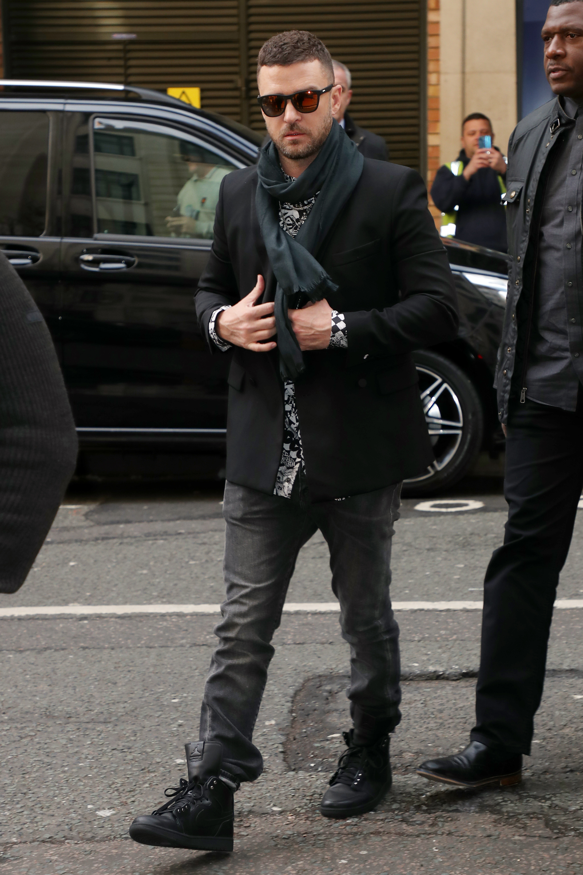 LONDON, ENGLAND - FEBRUARY 14:  Justin Timberlake arriving at BBC Radio 2 on February 14, 2020 in London, England. (Photo by Neil Mockford/GC Images)