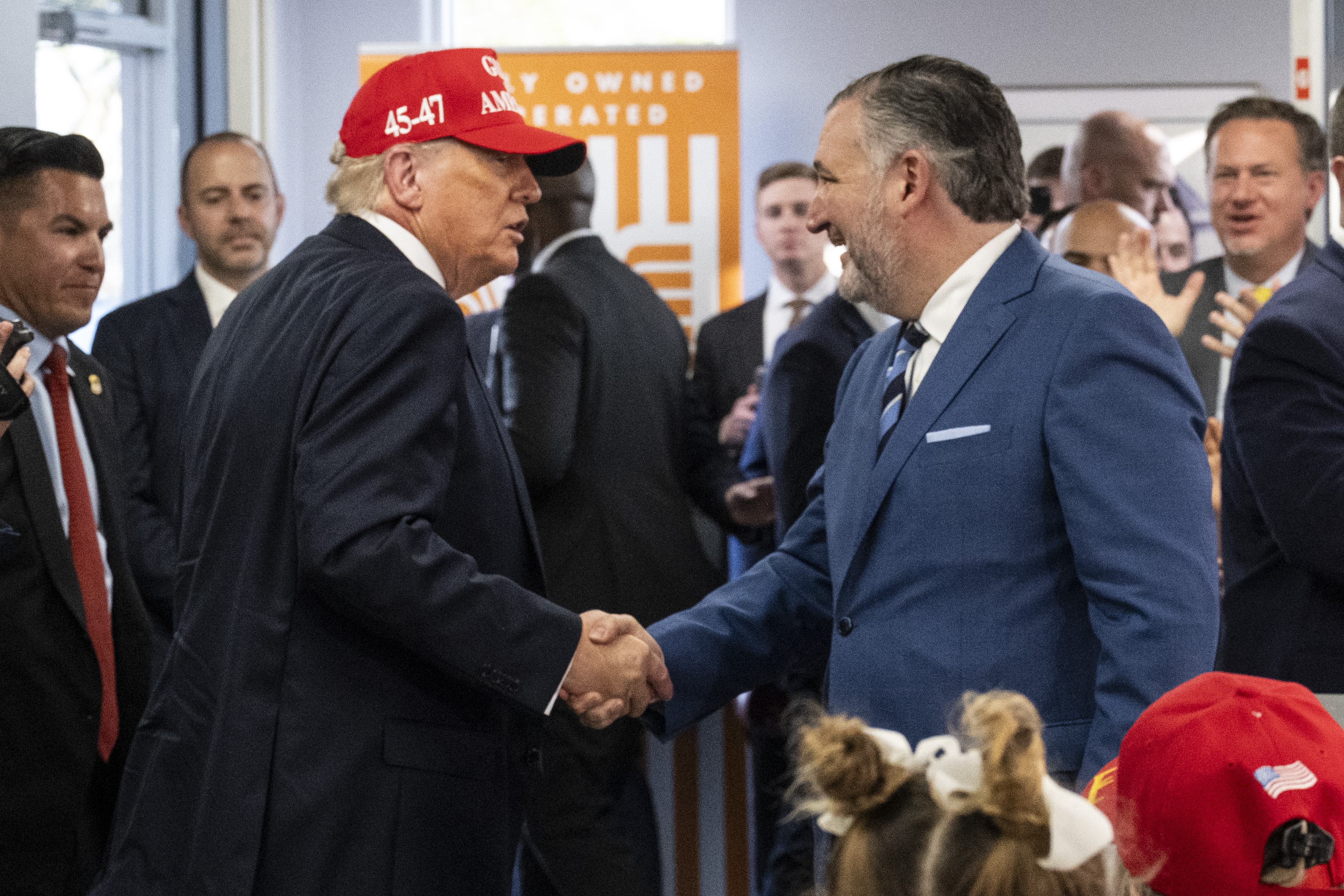 CORPUS CHRISTI, TX - FEBRUARY 27: U.S. President Donald Trump shakes hands with Sen. Ted Cruz (R-TX) during a stop at a fast food hamburger restaurant on February 27,2026 in Corpus Christi, Texas. Trump visited Texas to speak on affordability and economic issues less than a week before the state's midterm primary elections on March 3rd. (Photo by Roberto Schmidt/Getty Images)