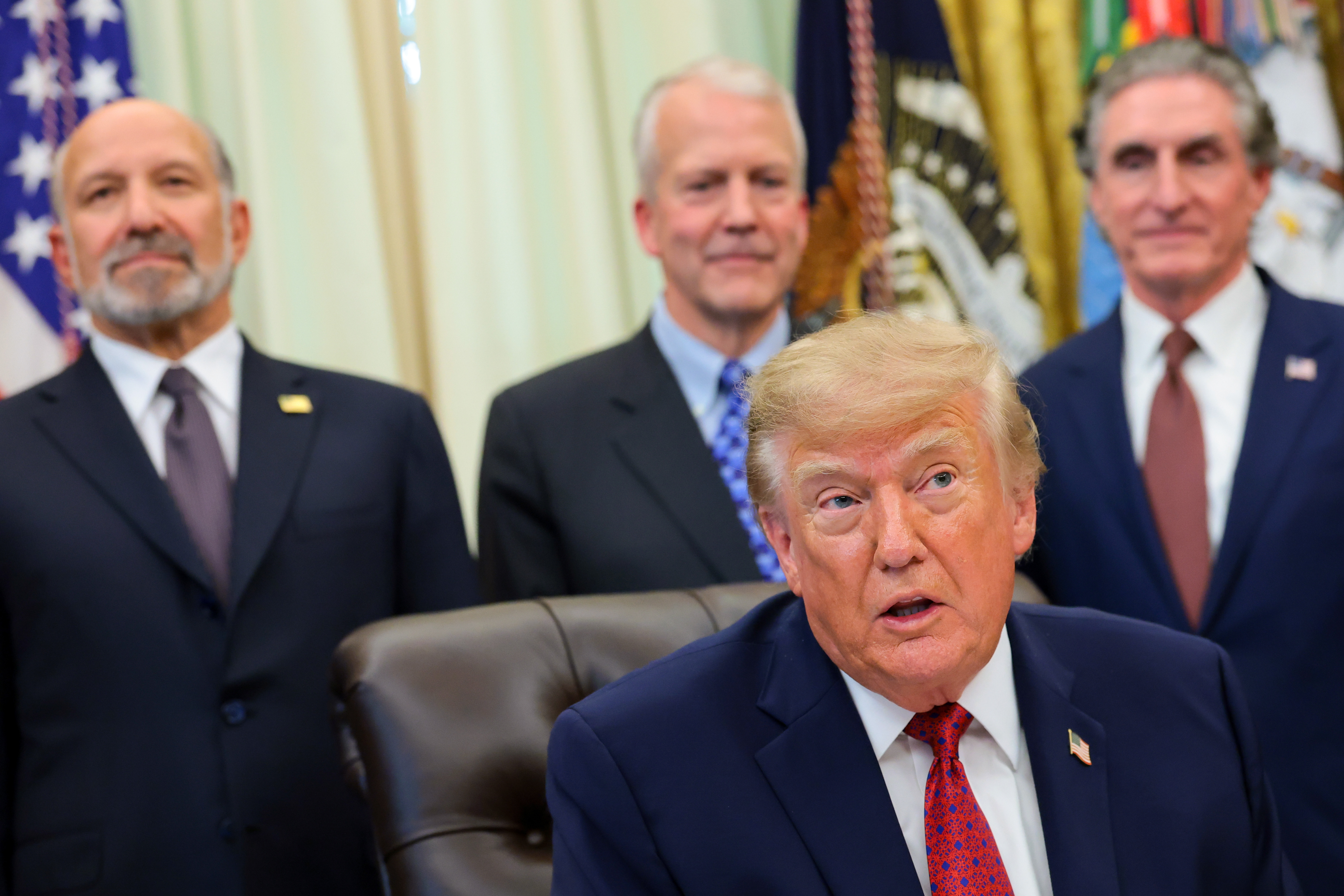 WASHINGTON, DC - SEPTEMBER 30: U.S. President Donald Trump speaks as he is joined by (L-R) U.S. Secretary of Commerce Howard Lutnick, U.S. Sen. Daniel S. Sullivan (R-AK), and U.S. Secretary of the Interior Doug Burgum during an announcement in the Oval Office of the White House on September 30, 2026 in Washington, DC. The joint announcement unveiled a major $54 billion South Korean investment that includes the Alaska Liquefied Natural Gas (LNG) project. (Photo by Anna Moneymaker/Getty Images)