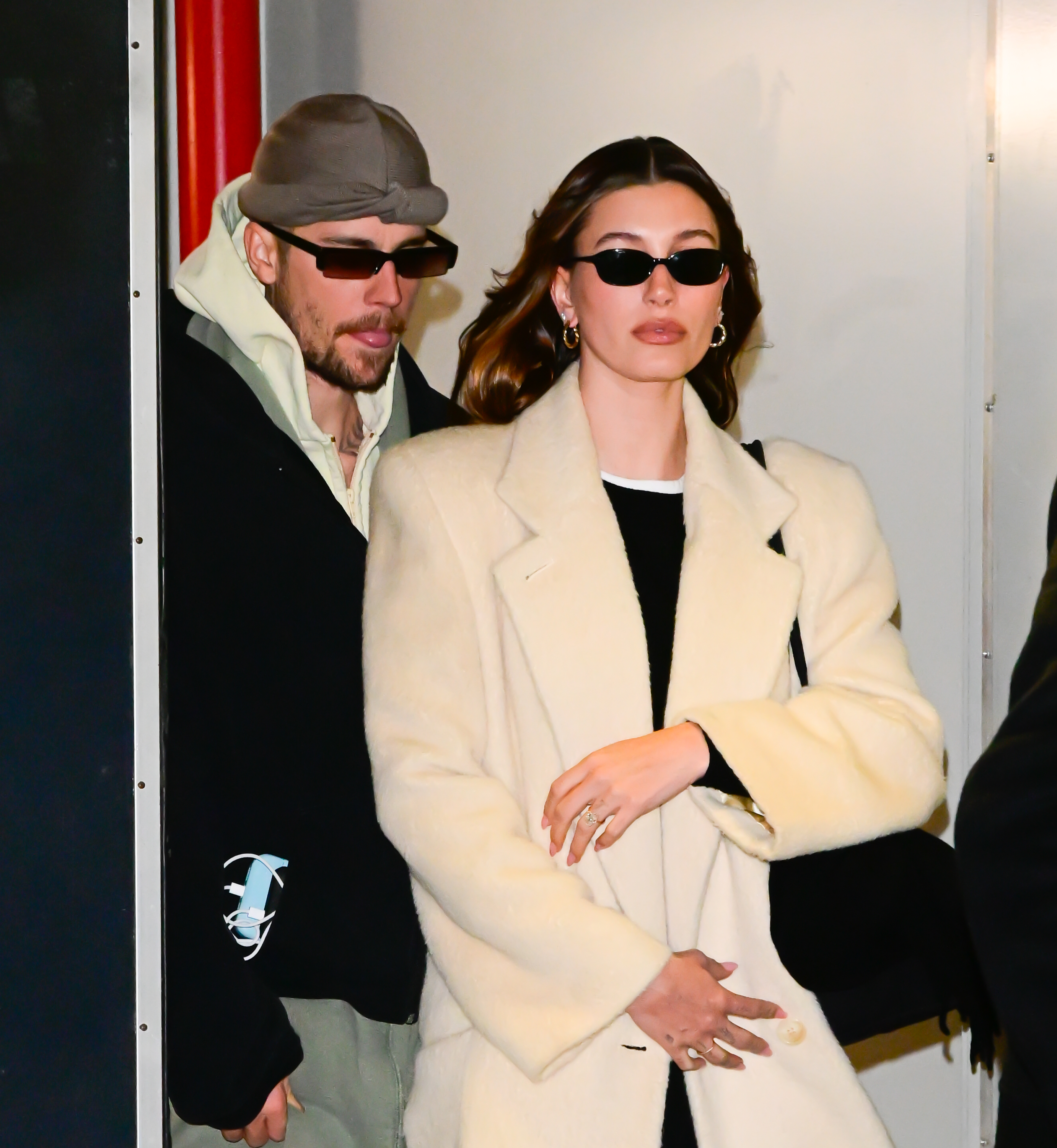 NEW YORK, NEW YORK - FEBRUARY 05: Justin Bieber and Hailey Bieber seen leaving iPic Theater in Financial District on February 05, 2025 in New Yo on February 05, 2025 in New York City. (Photo by Raymond Hall/GC Images)