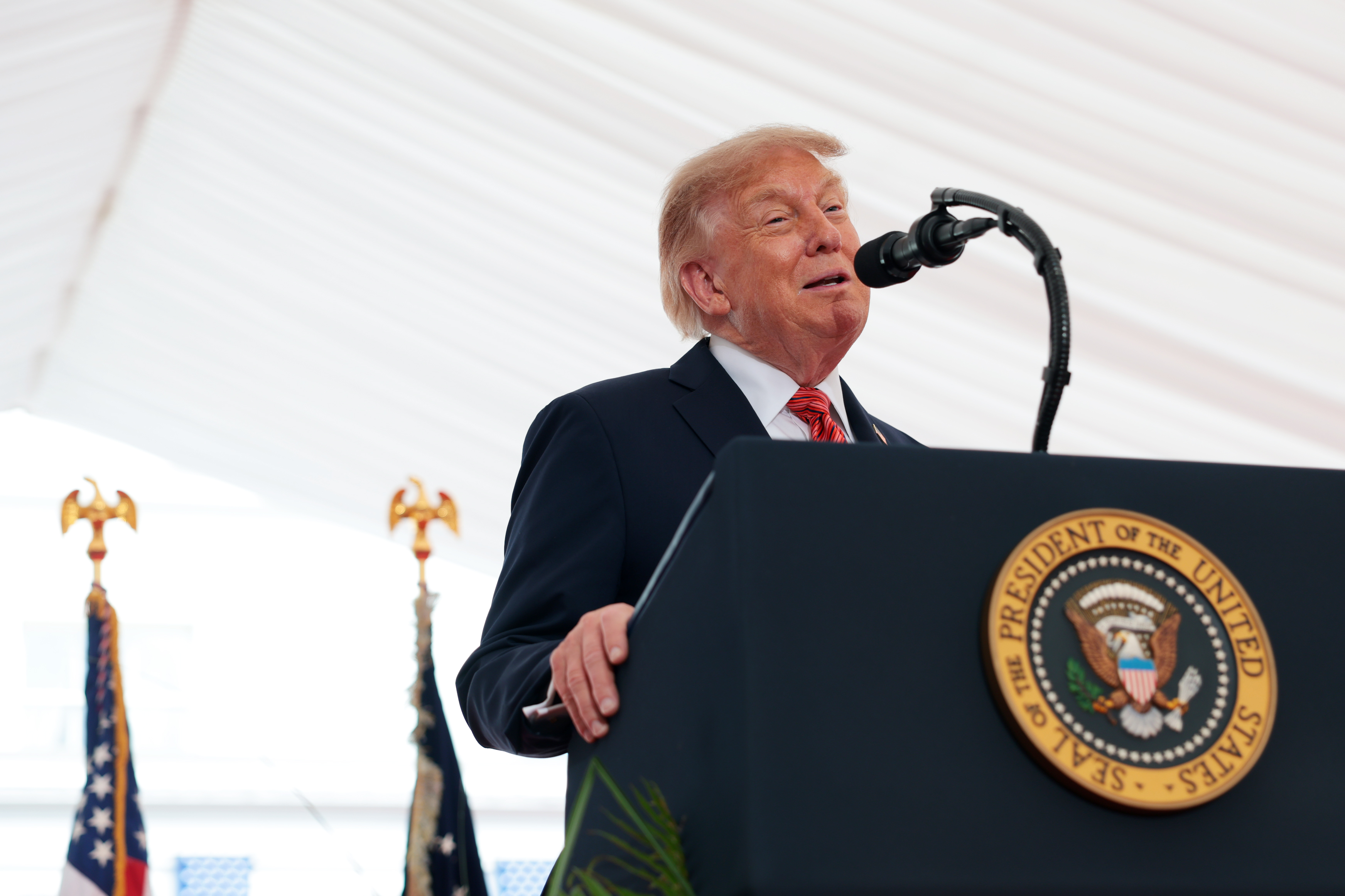 DUBLIN, IRELAND - SEPTEMBER 12: U.S. President Donald Trump delivers remarks to U.S. Embassy personnel and business leaders at Deerfield Residence on September 12, 2026 in Dublin, Ireland. U.S. President Donald Trump is on a two-day non-state visit to Ireland. Among other events today, he is holding a bilateral meeting with Taoiseach Micheál Martin at Farmleigh House in the Phoenix Park. (Photo by Anna Moneymaker/Getty Images)