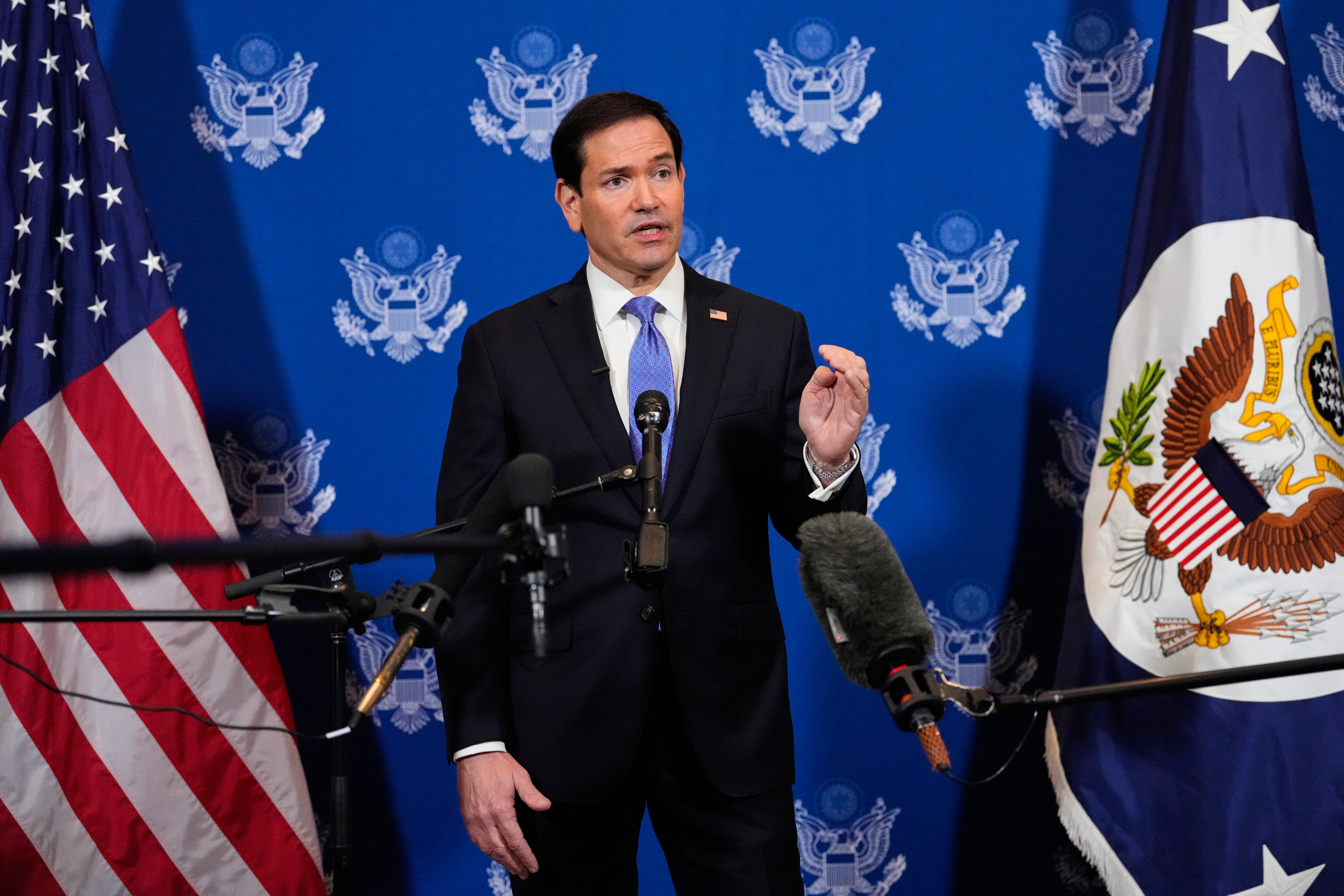 United States Secretary of State Marco Rubio speaks to the media after meeting with Russian Foreign Minister Sergey Lavrov, Wednesday, Sept. 23, 2026, in New York. (AP Photo/Yuki Iwamura)