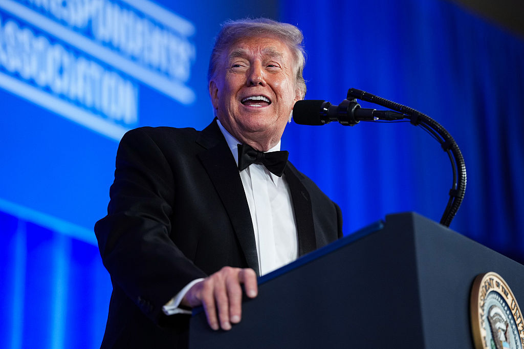 U.S. President Donald Trump speaks during the re-scheduled White House Correspondents Dinner in the Presidential Ballroom at the Waldorf Astoria on July 24, 2026 in Washington, DC. The annual gala...