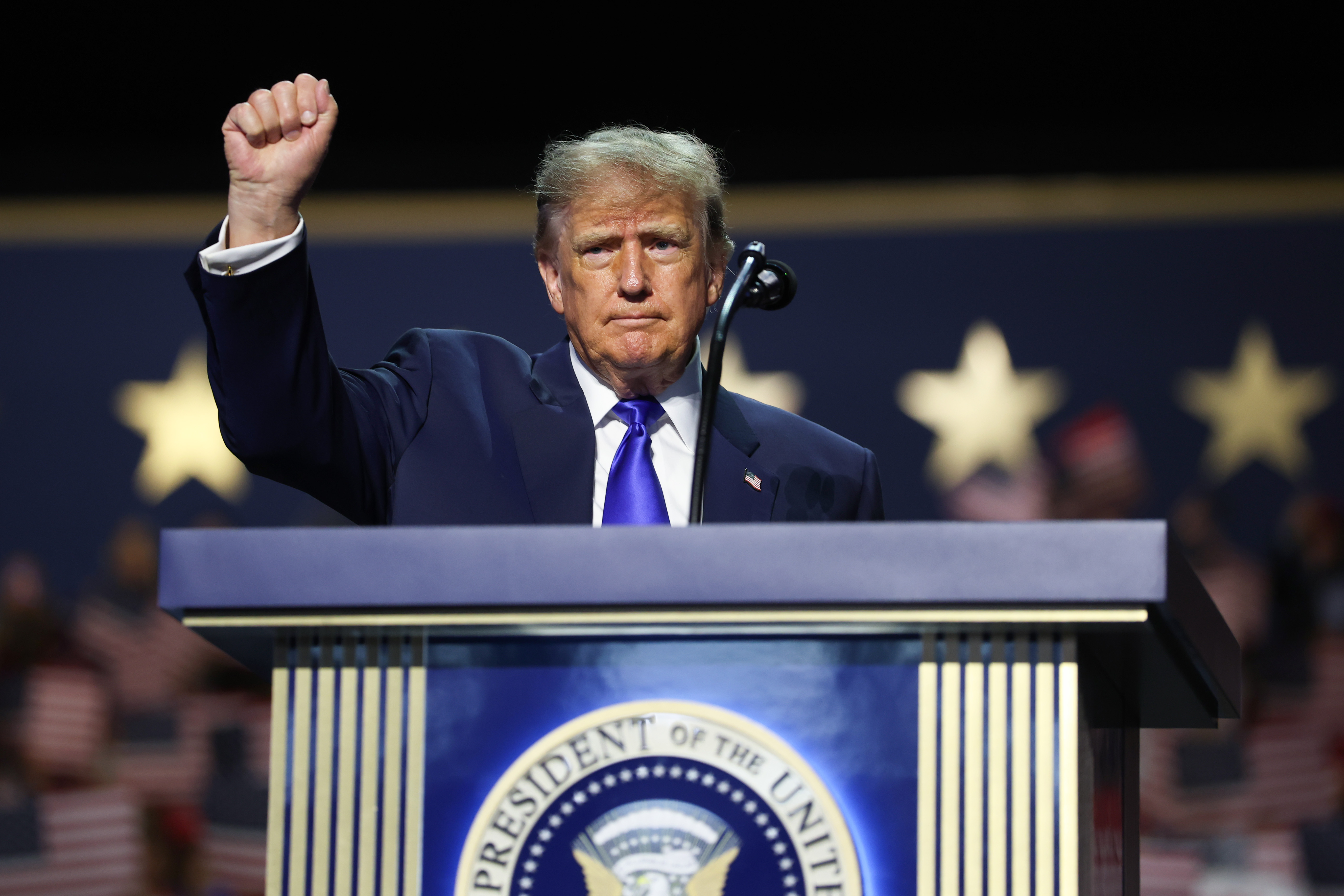 DALLAS, TEXAS - SEPTEMBER 09: U.S. President Donald Trump speaks on stage on the first day of the 2026 Republican National Convention at the American Airlines Center on September 09, 2026 in Dallas, Texas. U.S. President Donald Trump will headline the Republican National Committee's first-ever midterm convention as he aims to highlight his administration’s achievements and rally support for GOP candidates just two months before the upcoming elections being held on November 3. (Photo by Kevin Dietsch/Getty Images)