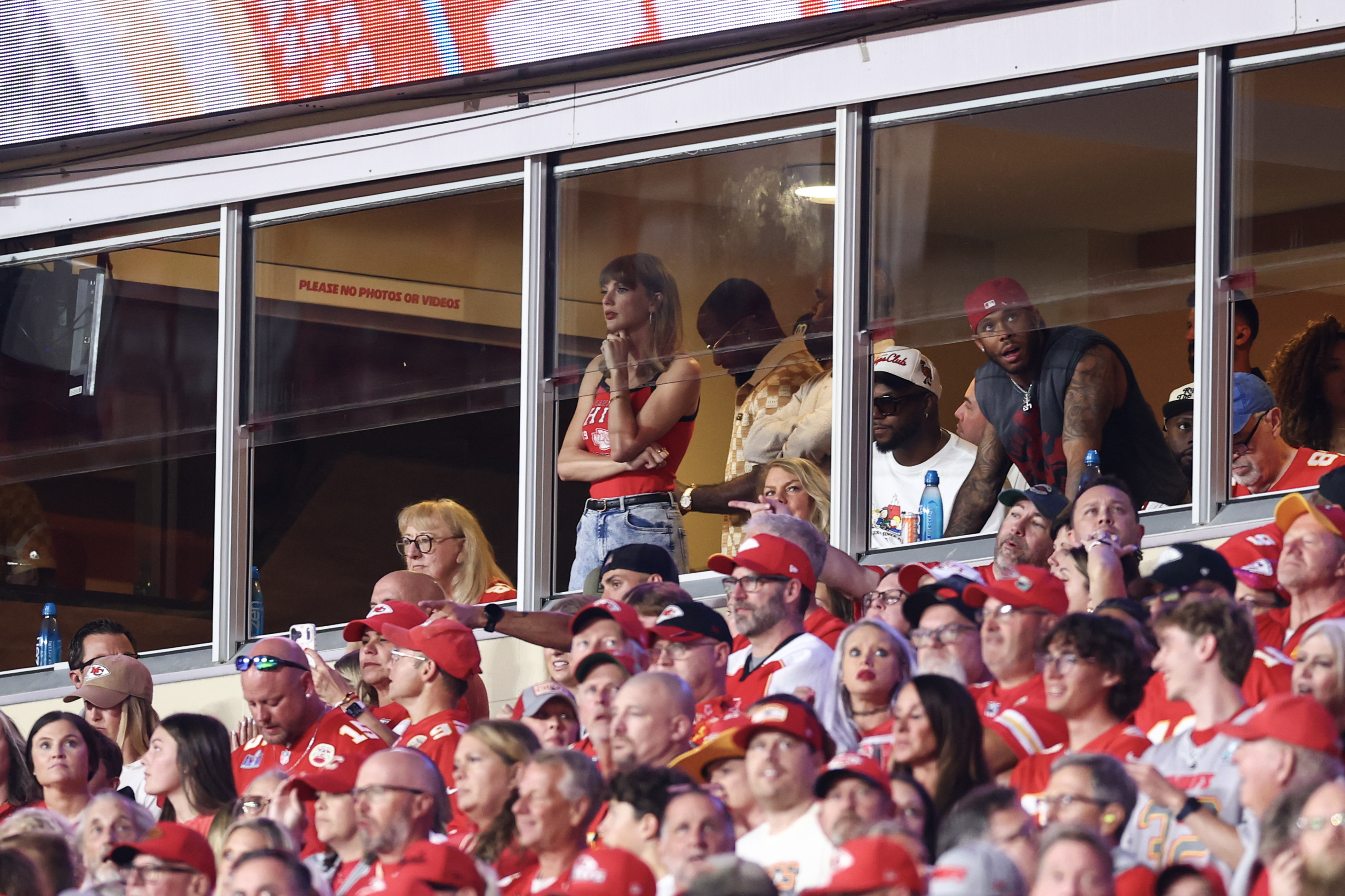 Taylor Swift watches from the stands during overtime of an NFL football game between the Kansas City Chiefs and the Indianapolis Colts on September 20, 2026 in Kansas City, Missouri.