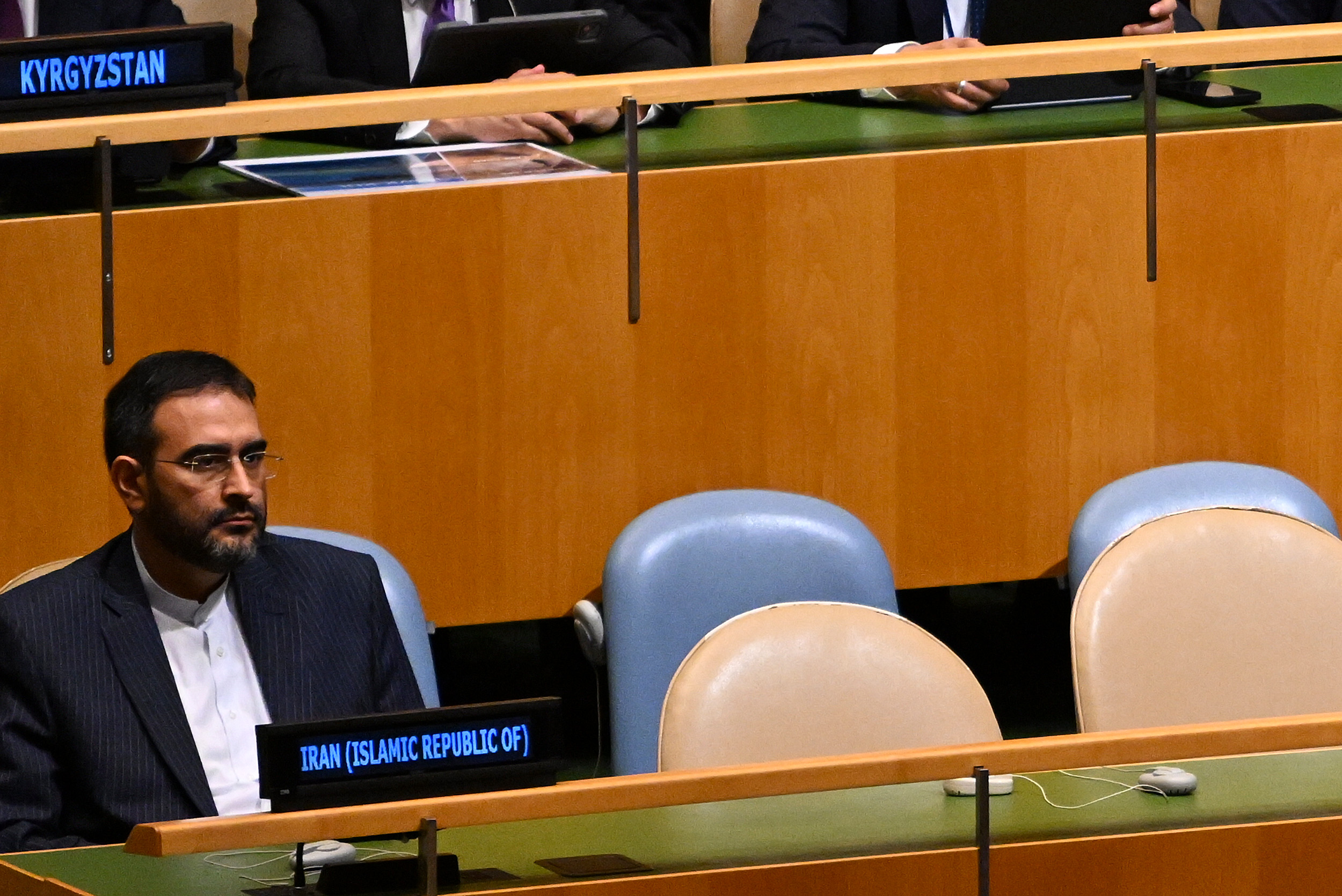 NEW YORK, NEW YORK - SEPTEMBER 22: Empty seats in the Iran delegation are seen as U.S. President Donald Trump speaks during the 81st session of the United Nations (U.N.) General Assembly at U.N. Headquarters on September 22, 2026 in New York City. World leaders have gathered in New York for the annual session of the United Nations General Assembly, with this year's global issues ranging from the threat of artificial intelligence to the continued wars in Ukraine and Gaza. (Photo by Alexi J. Rosenfeld/Getty Images)
