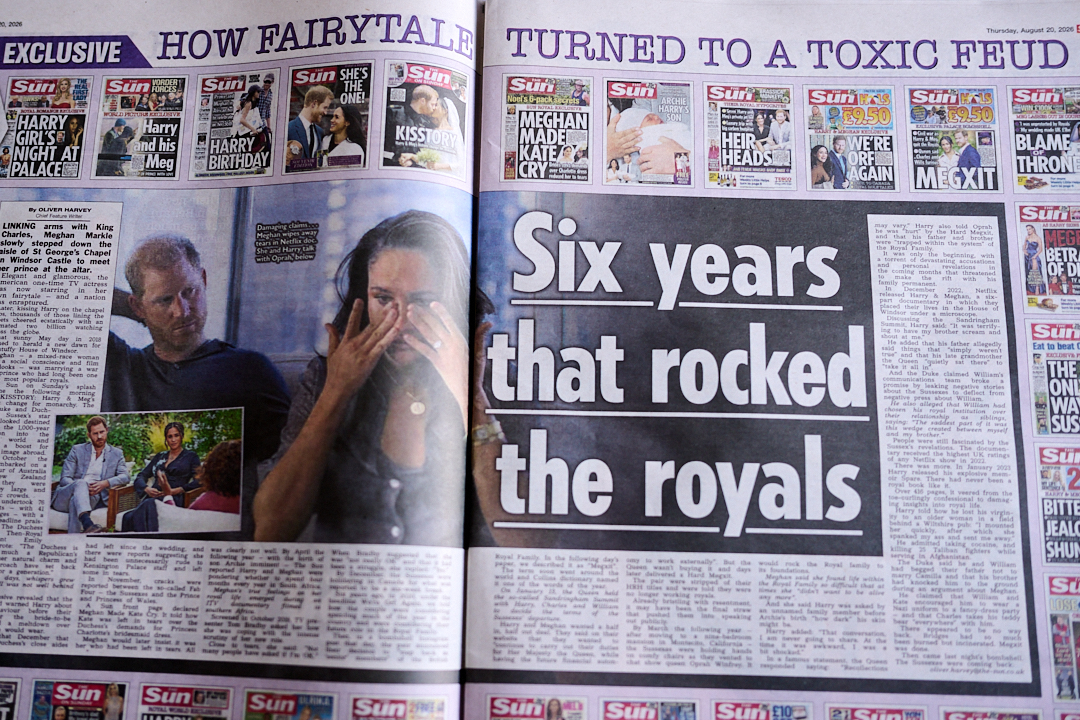 LONDON, ENGLAND - AUGUST 20: In this photo illustration, British Newspaper The Sun reports that the Duke and Duchess of Sussex will move to the UK on August 20, 2026 in London, England. It has been reported that Prince Harry, Duke of Sussex and Meghan, Duchess of Sussex will move back to the United Kingdom with their two children at the end of the month. (Photo by Jordan Peck/Getty Images)