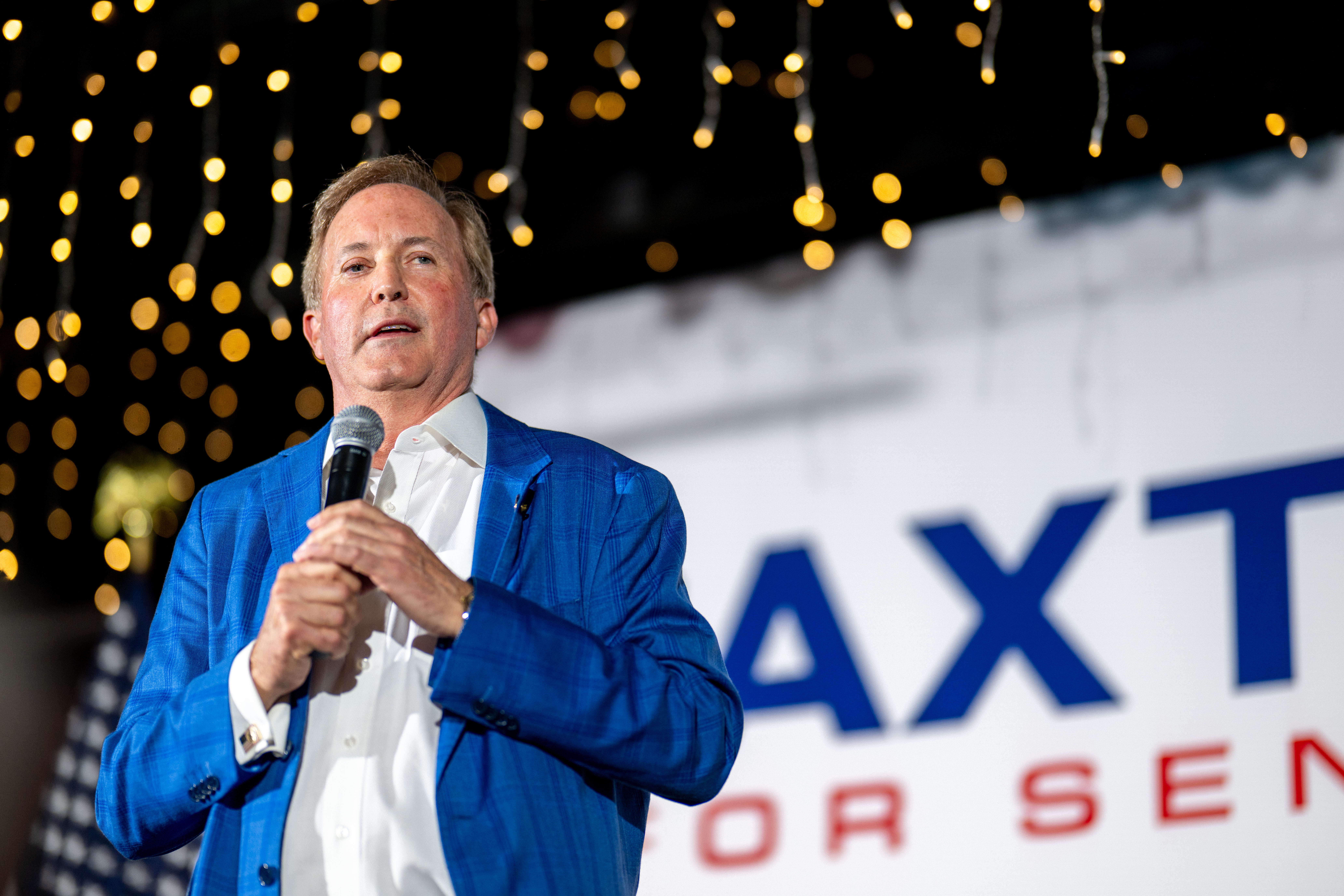 ALLEN, TEXAS - AUGUST 04: Texas Attorney General Ken Paxton speaks during a campaign event at Matt's Rancho Martinez restaurant on August 04, 2026 in Allen, Texas. Paxton continues campaigning across the state against Democratic U.S. Senate candidate James Talarico ahead of the November 3rd general elections. (Photo by Brandon Bell/Getty Images)