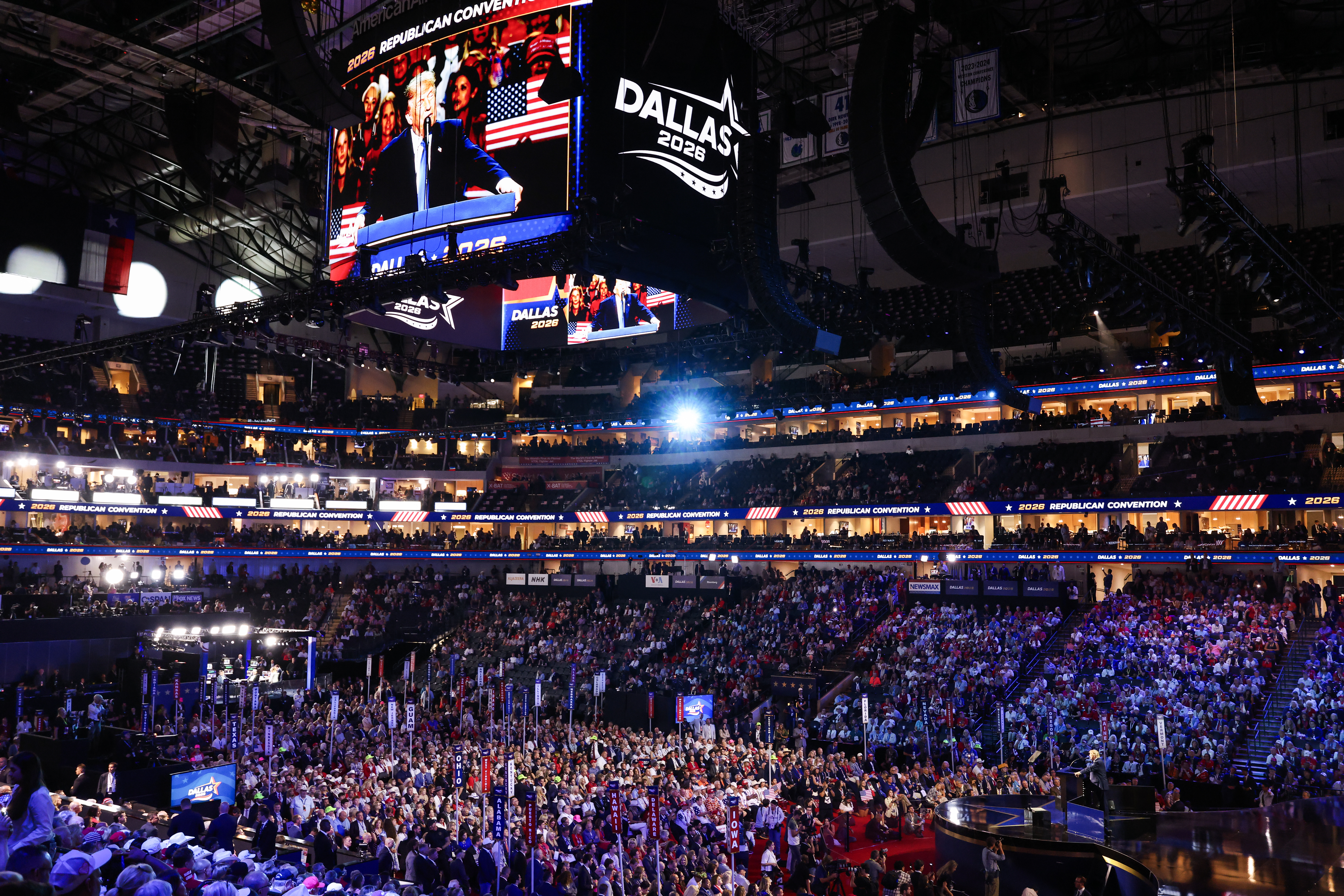 DALLAS, TEXAS - SEPTEMBER 09: U.S. President Donald Trump speaks on stage on the first day of the 2026 Republican National Convention at the American Airlines Center on September 09, 2026 in Dallas, Texas. U.S. President Donald Trump will headline the Republican National Committee's first-ever midterm convention as he aims to highlight his administration’s achievements and rally support for GOP candidates just two months before the upcoming elections being held on November 3. (Photo by Tasos Katopodis/Getty Images)