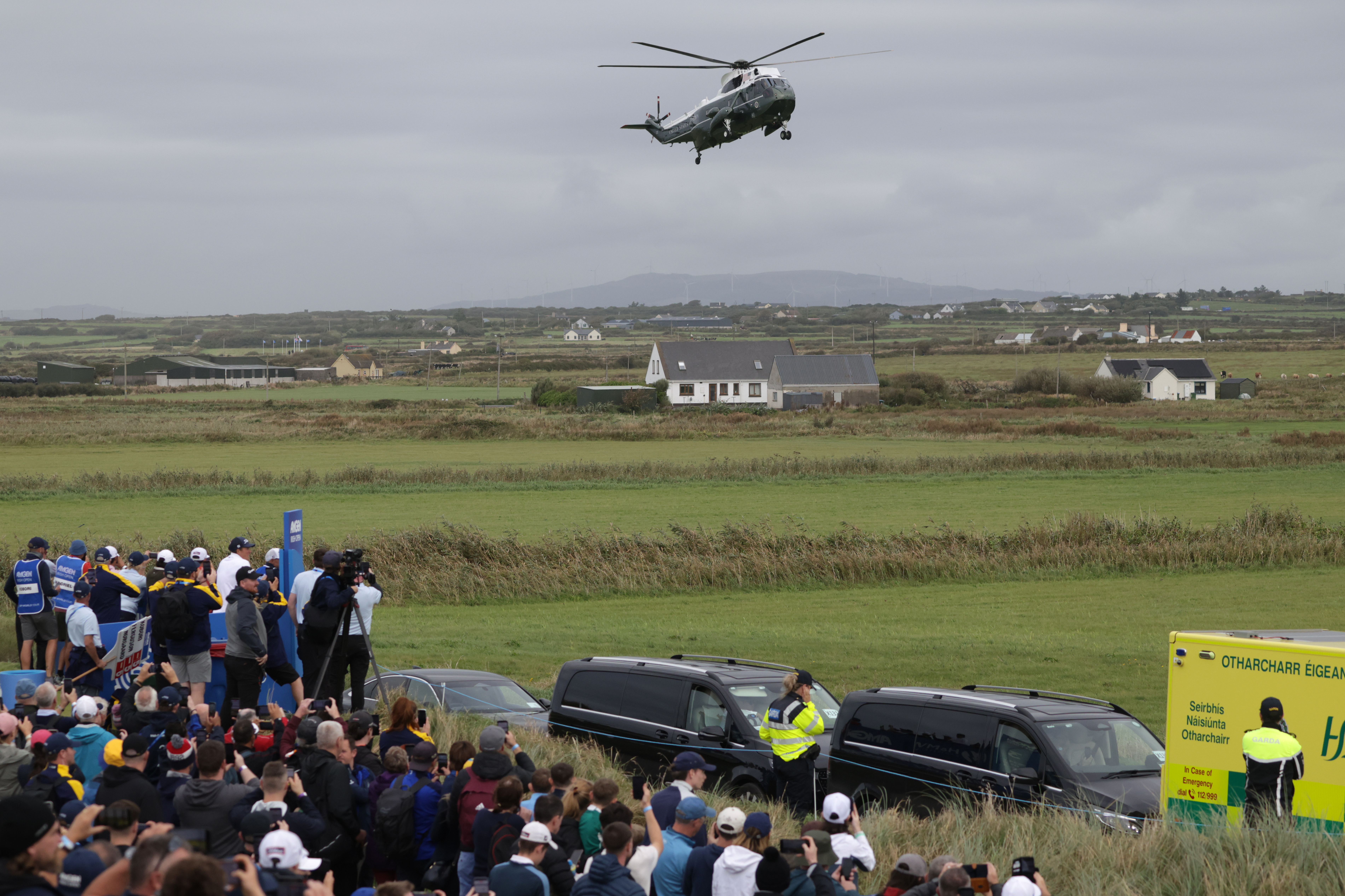 Helicopter Marine One carrying President Donald Trump, approaches landing at the Trump International Golf Links course in Doonbeg, Ireland, Saturday, Sept 12, 2026 (AP Photo/Peter Morrison)