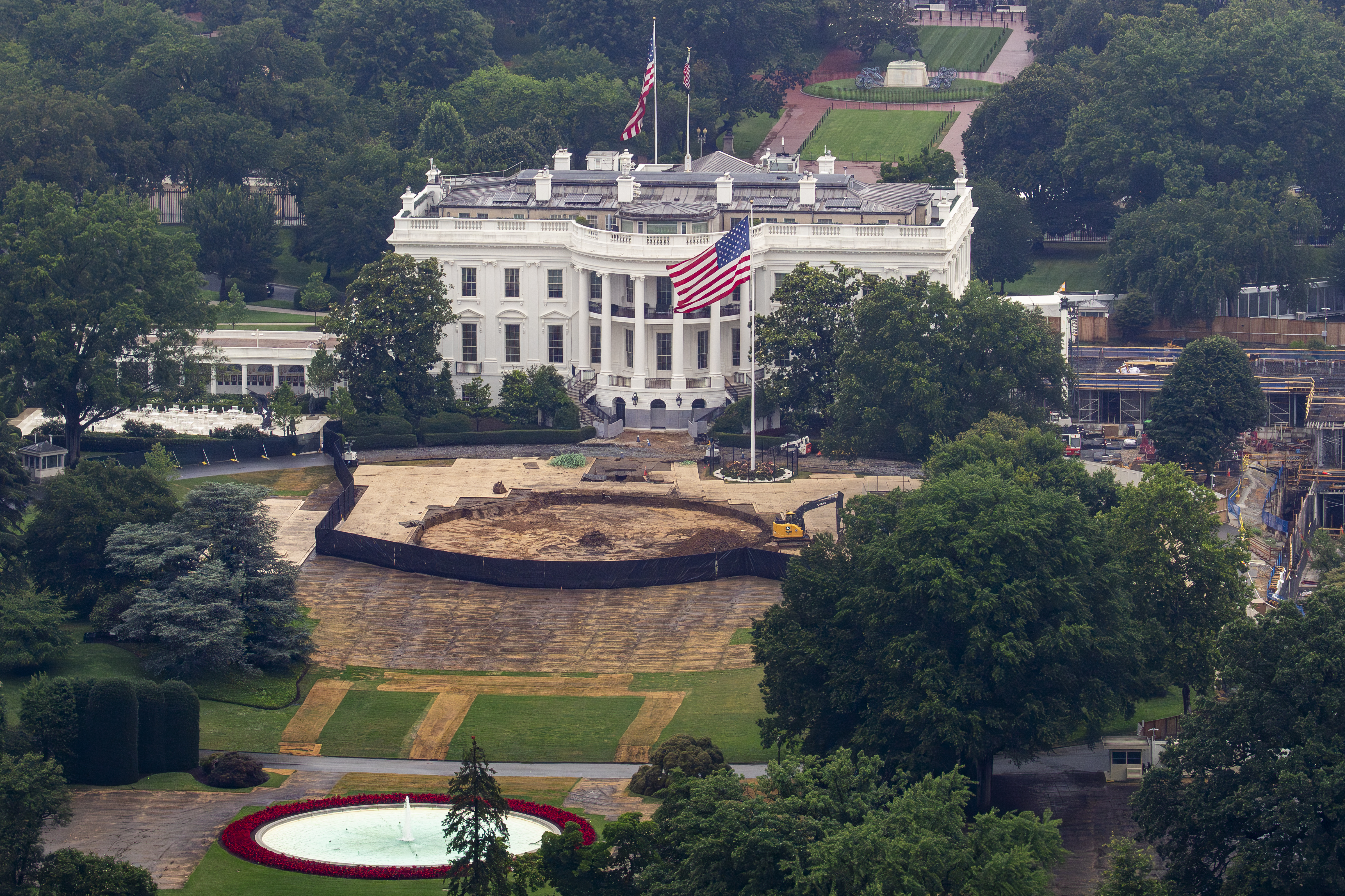 WASHINGTON, DC - JUNE 28: Construction of the new White House ballroom continues as crews work to break down the Ultimate Fighting Championship Freedom 250