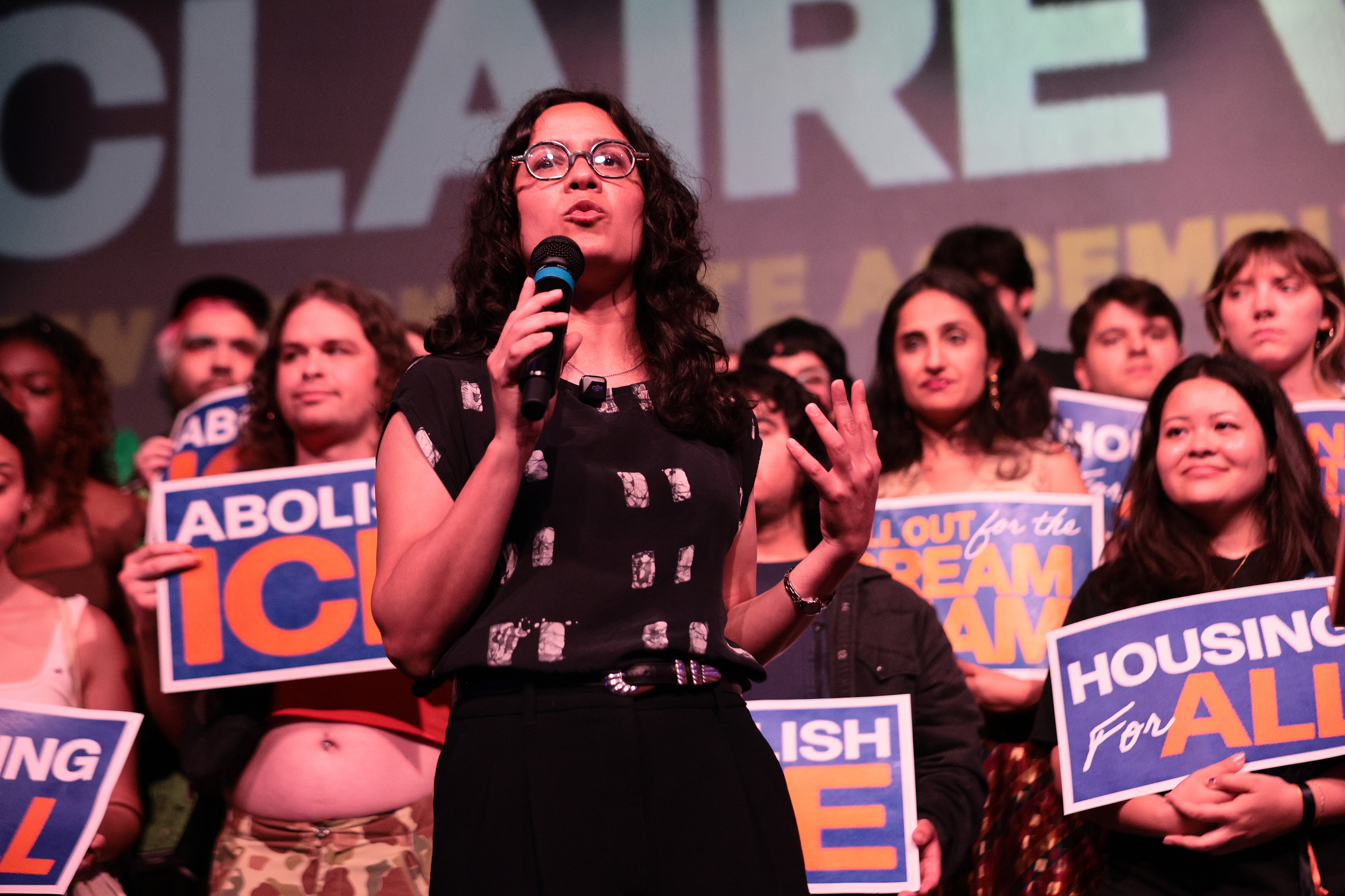 NEW YORK, NEW YORK - JUNE 22: Democratic Congressional candidate Claire Valdez speaks during an election eve rally at Silo on June 22, 2026 in the East Williamsburg neighborhood of the Brooklyn borough in New York City. On the eve of Primary Election Day in New York,