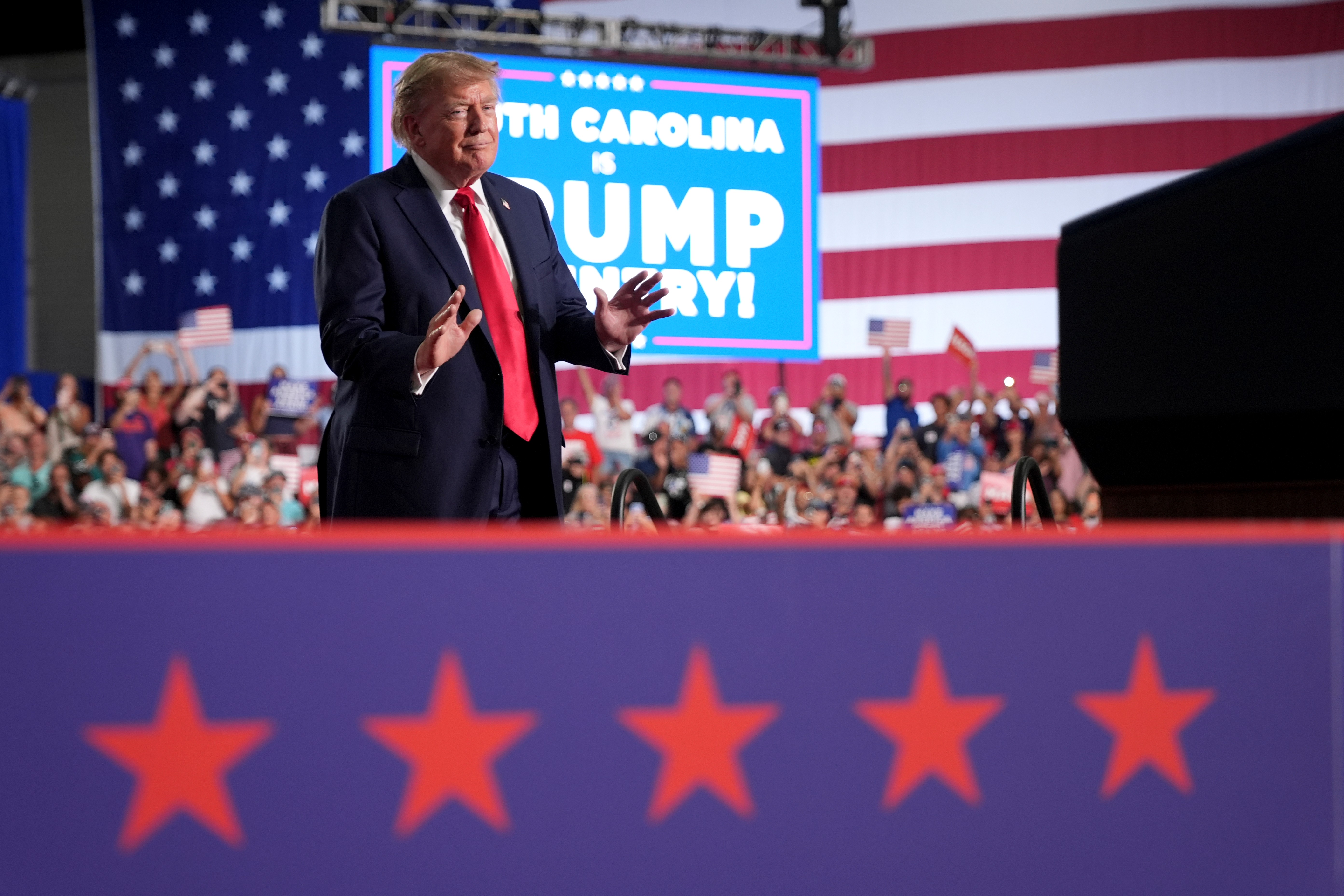 President Donald Trump arrives to speak at a campaign rally for Sen. Darline Graham, R-S.C., at the Myrtle Beach Convention Center in Myrtle Beach, S.C., Friday, Aug. 21, 2026. (AP Photo/Jacquelyn Martin)