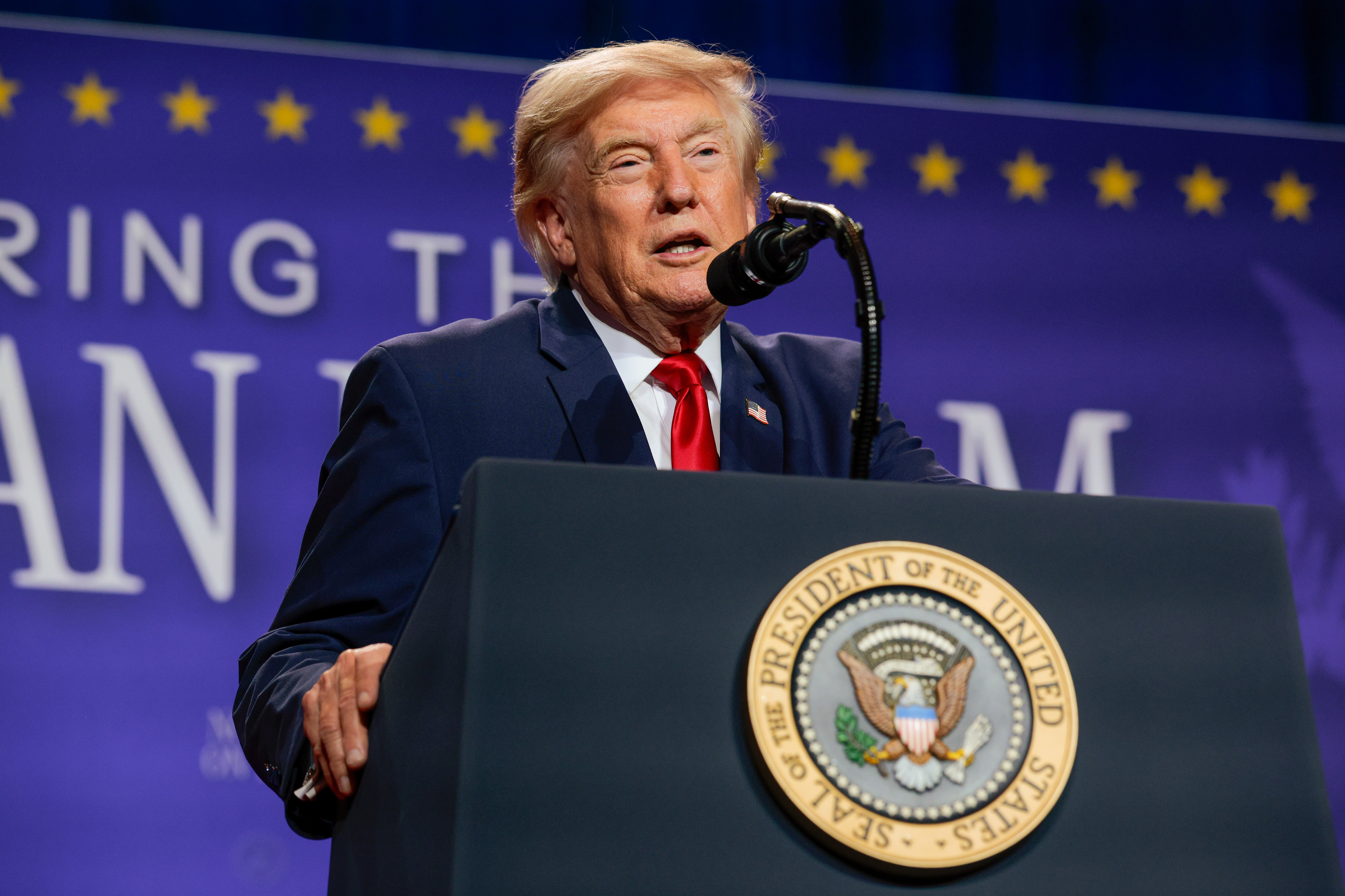 LAS VEGAS, NEVADA - AUGUST 05: U.S. President Donald Trump delivers remarks during an event at Red Rock Casino Resort and Spa on August 05, 2026 in Las Vegas, Nevada. Trump is expected to promote recent tax relief initiatives aimed at American workers, highlight the administration’s economic platform and endorse Gov. Joe Lombardo in his re-election campaign against Nevada Attorney General Aaron Ford. (Photo by Chip Somodevilla/Getty Images)