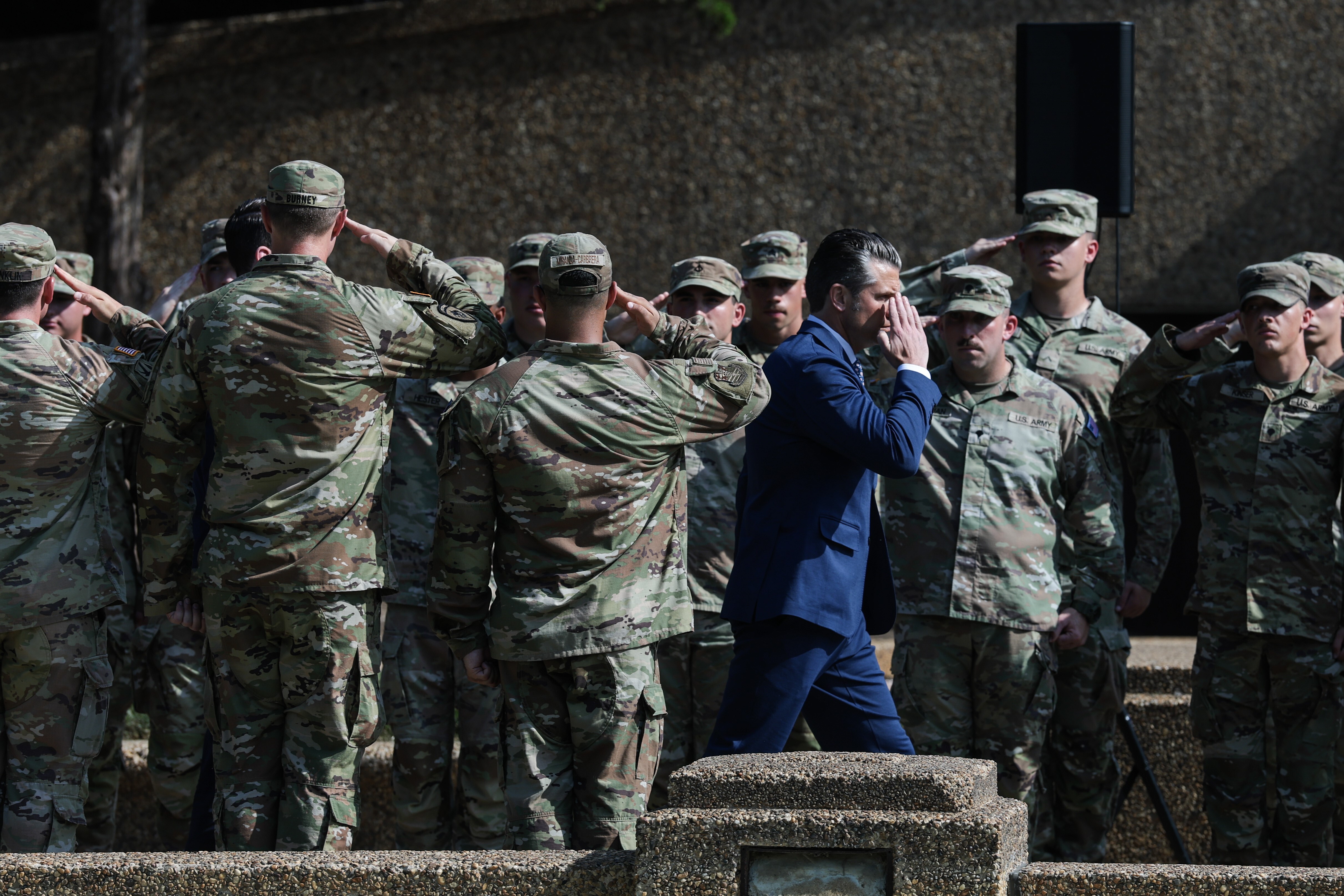 U.S. Secretary of War Pete Hegseth arrives to meet with members of the U.S. National Guard at Meridian Hill Park on July 02, 2026 in Washington, DC. (Anna Moneymaker/Getty Images)