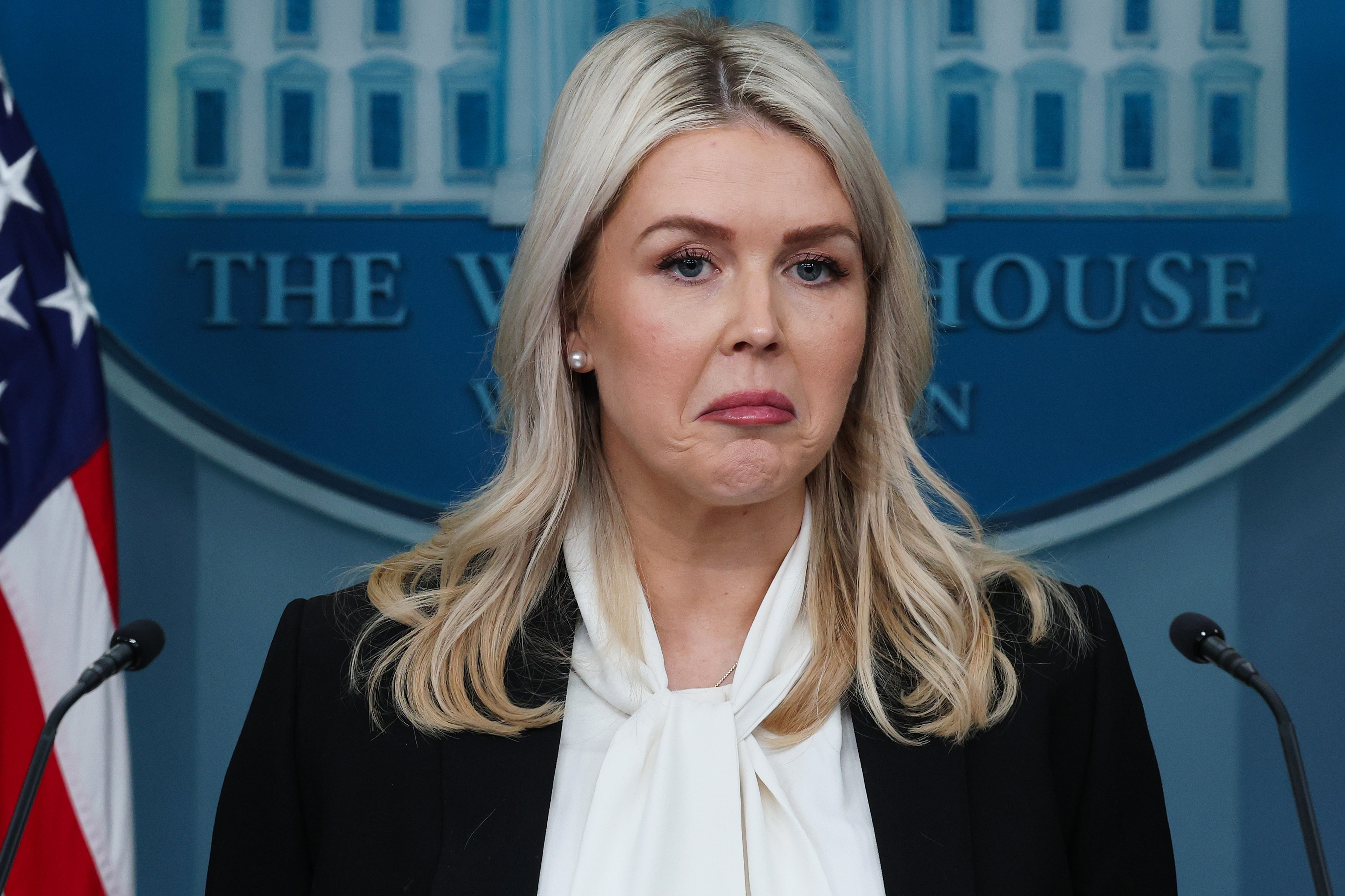 WASHINGTON, DC - MARCH 04: White House Press Secretary Karoline Leavitt reacts during a news briefing in the James S. Brady Press Briefing Room of the White House on March 04, 2026 in Washington, DC. Leavitt took questions on a range of topics including the administration's decision to strike Iran. (Photo by Win McNamee/Getty Images)