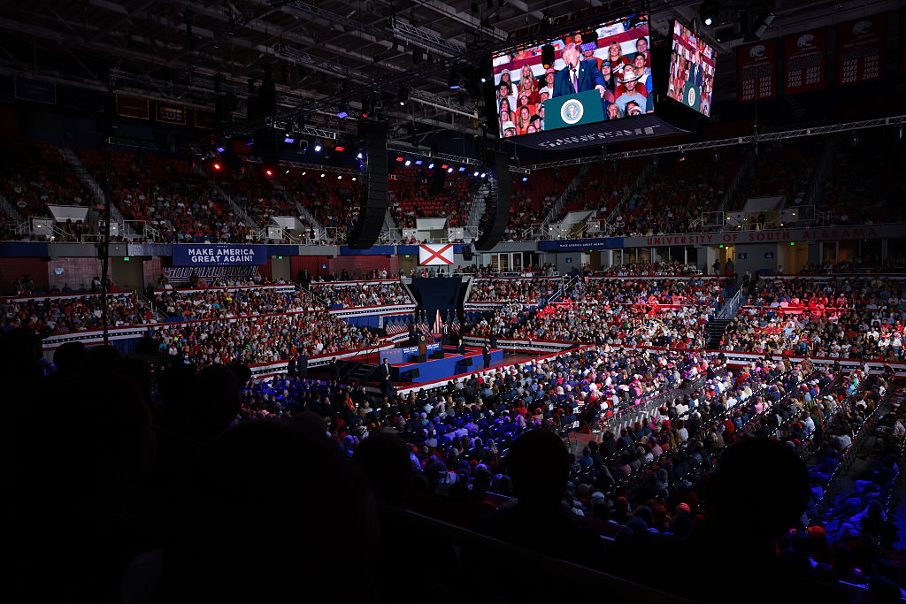 MOBILE, ALABAMA - OCTOBER 02: U.S. President Donald Trump speaks at a campaign rally in the Mitchell Center at the University of South Alabama on October 02, 2026 in Mobile, Alabama. The rally is being held in Alabama's 1st Congressional District which was redrawn when the state redistricted earlier this year. (Photo by Anna Moneymaker/Getty Images)