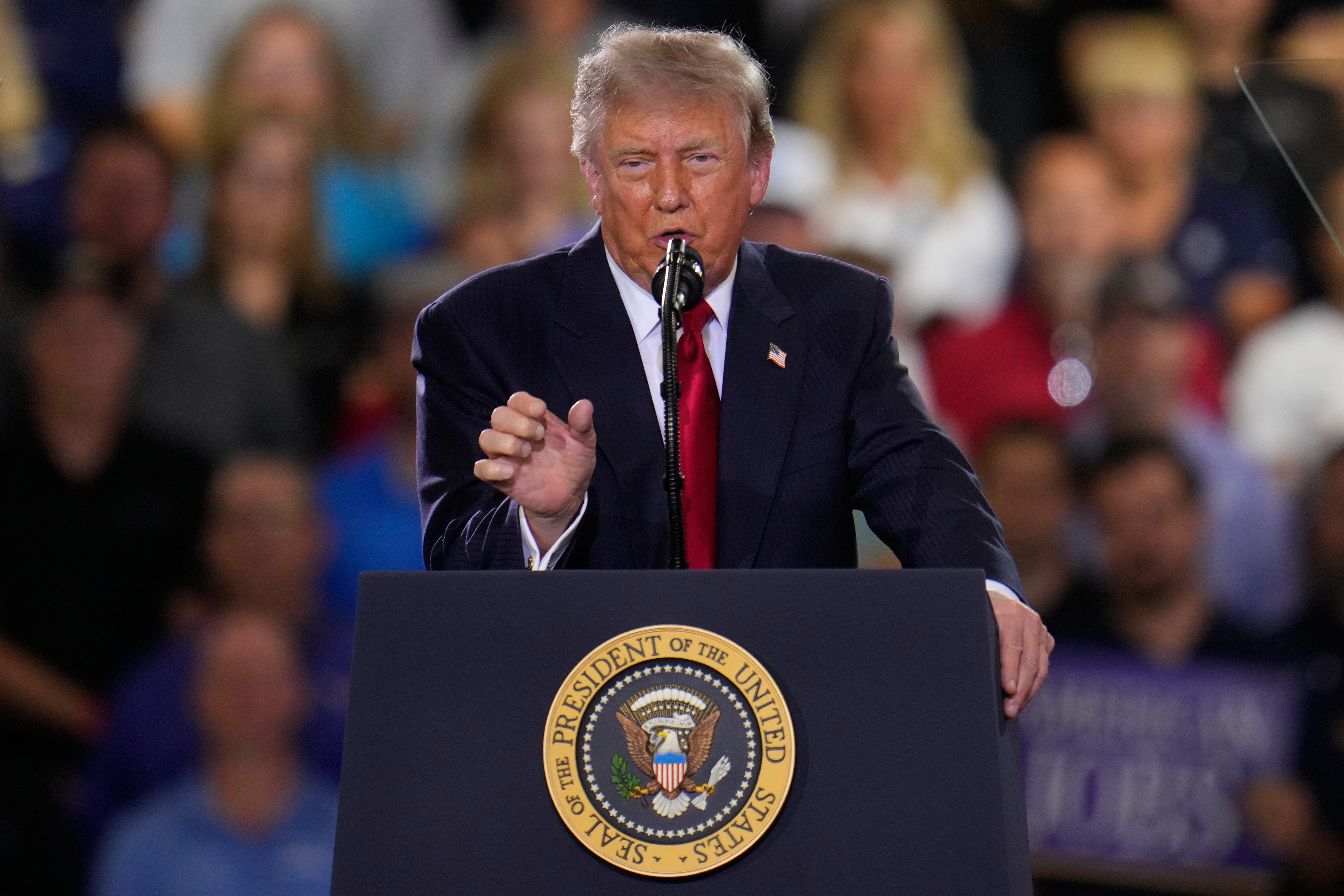 President Donald Trump speaks at an event at the General Motors Proving Ground Monday, July 27, 2026, in Milford, Mich. (AP Photo/Paul Sancya)