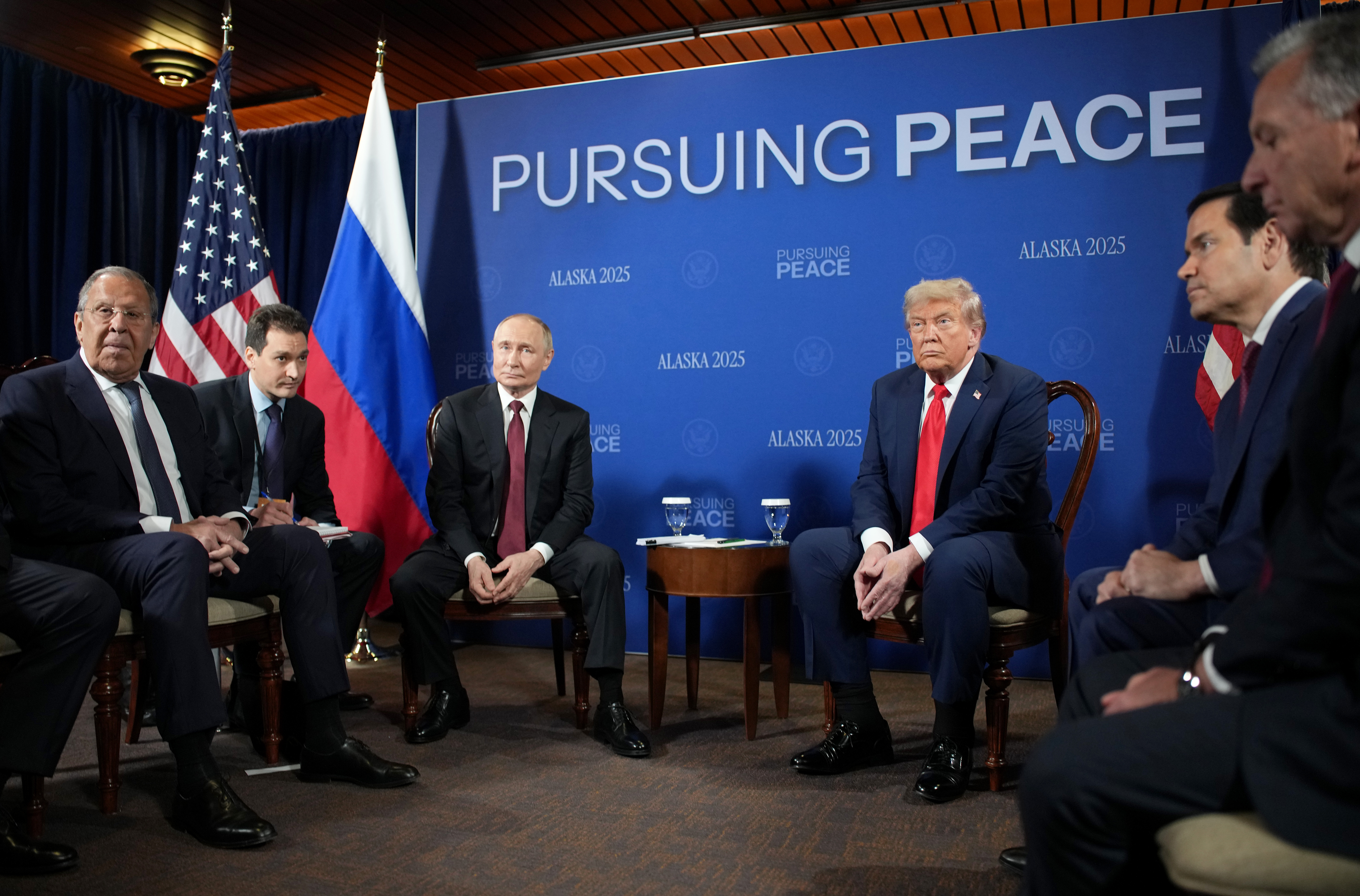 President Donald Trump, Russian President Vladimir Putin alongside with Marco Rubio hold a meeting at Joint Base Elmendorf-Richardson on August 15, 2025 in Anchorage, Alaska  (Photo by Andrew Harnik/Getty Images)