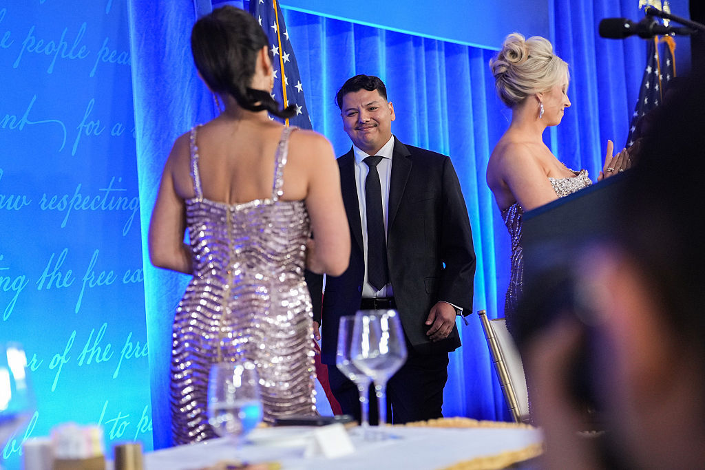 Secret Service Police Officer Victor Gonzales is presented with the President's Award for Exceptional Service during the re-scheduled White House Correspondents Dinner in the Presidential Ballroom at...