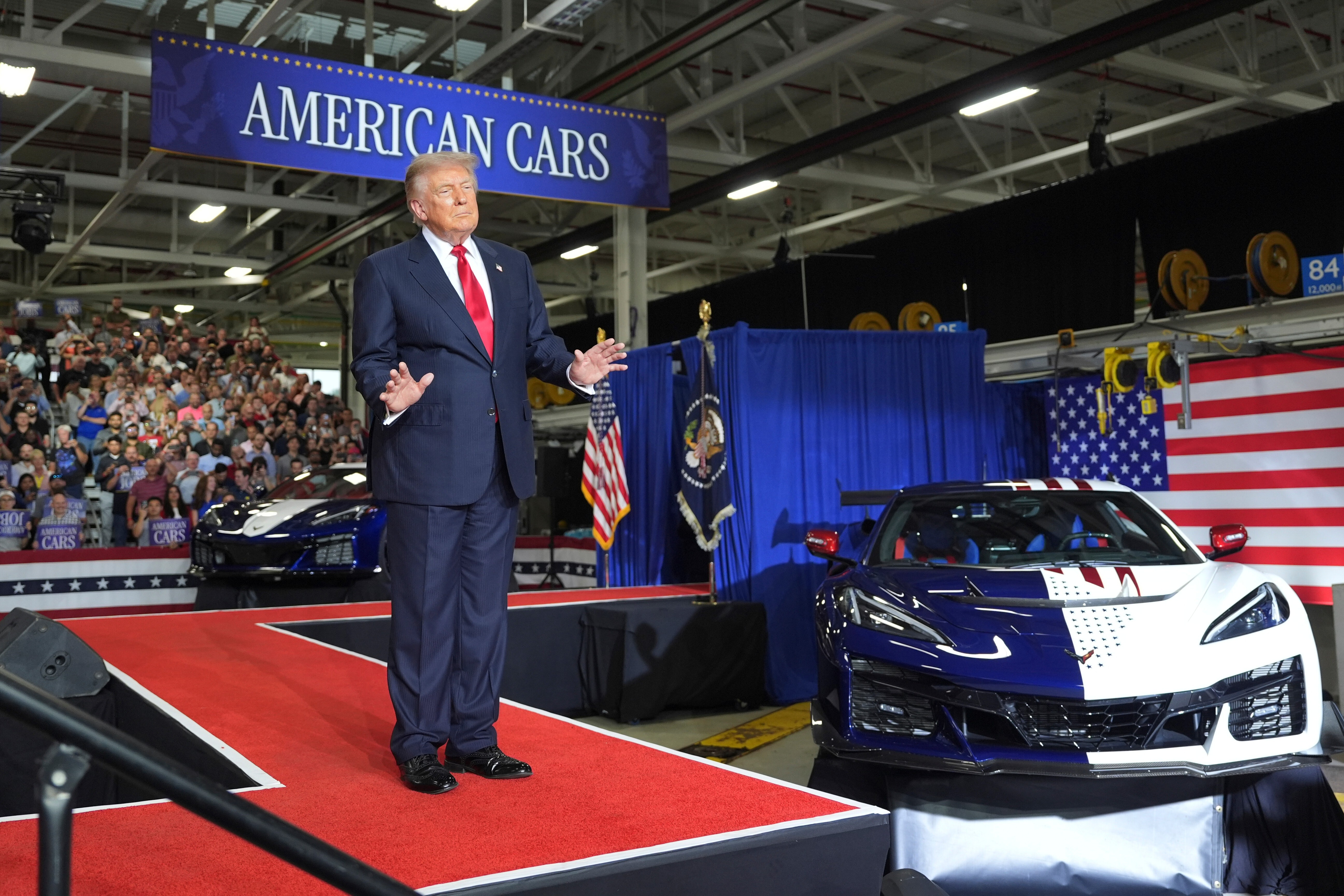President Donald Trump arrives to speak at General Motors proving ground, Monday, July 27, 2026, in Milford, Mich. (AP Photo/Alex Brandon)