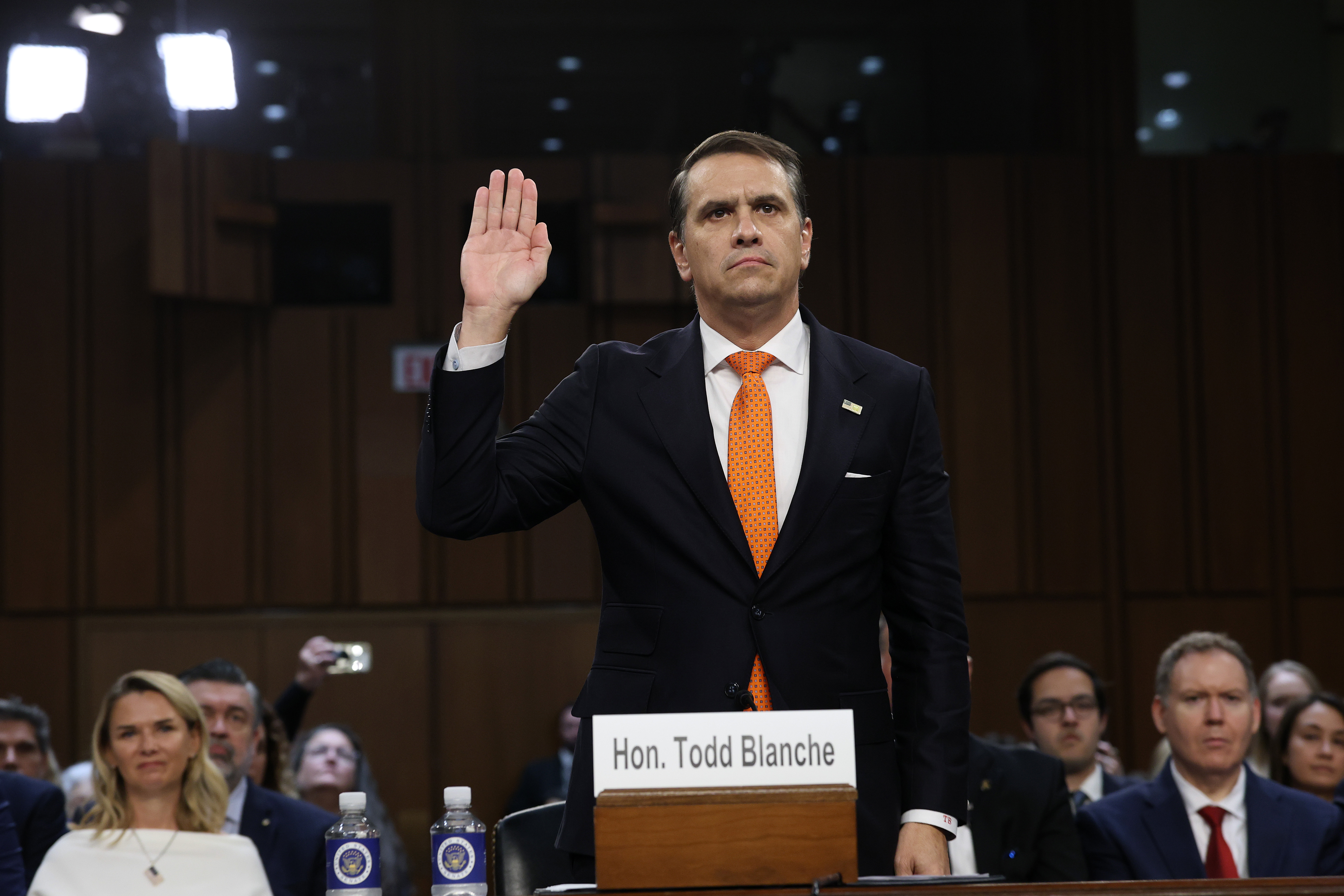 WASHINGTON, DC - JULY 15: Acting Attorney General Todd Blanche gets sworn in at his confirmation hearing in front of the Senate Judiciary Committee on Capitol Hill July 15, 2026 in Washington, DC.  During Blanche's tenure as acting Attorney General the Justice Department has been under scrutiny for pushing President Trump's 1.8 billion dollar
