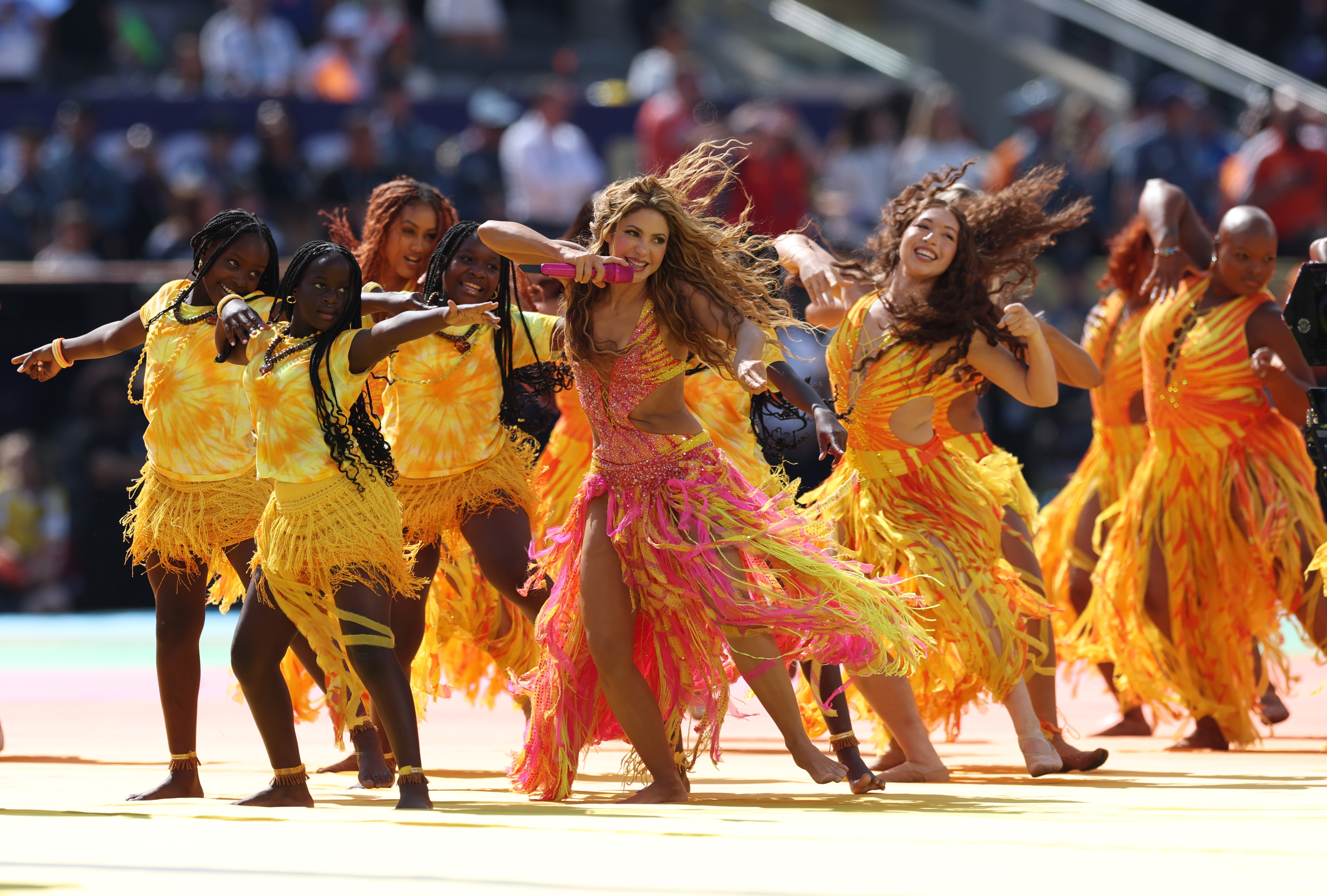 EAST RUTHERFORD, NEW JERSEY - JULY 19: Shakira performs at half time during the FIFA World Cup 2026 Final match between Spain and Argentina at New York New Jersey Stadium on July 19, 2026 in East Rutherford, New Jersey. (Photo by Ian MacNicol/Getty Images)