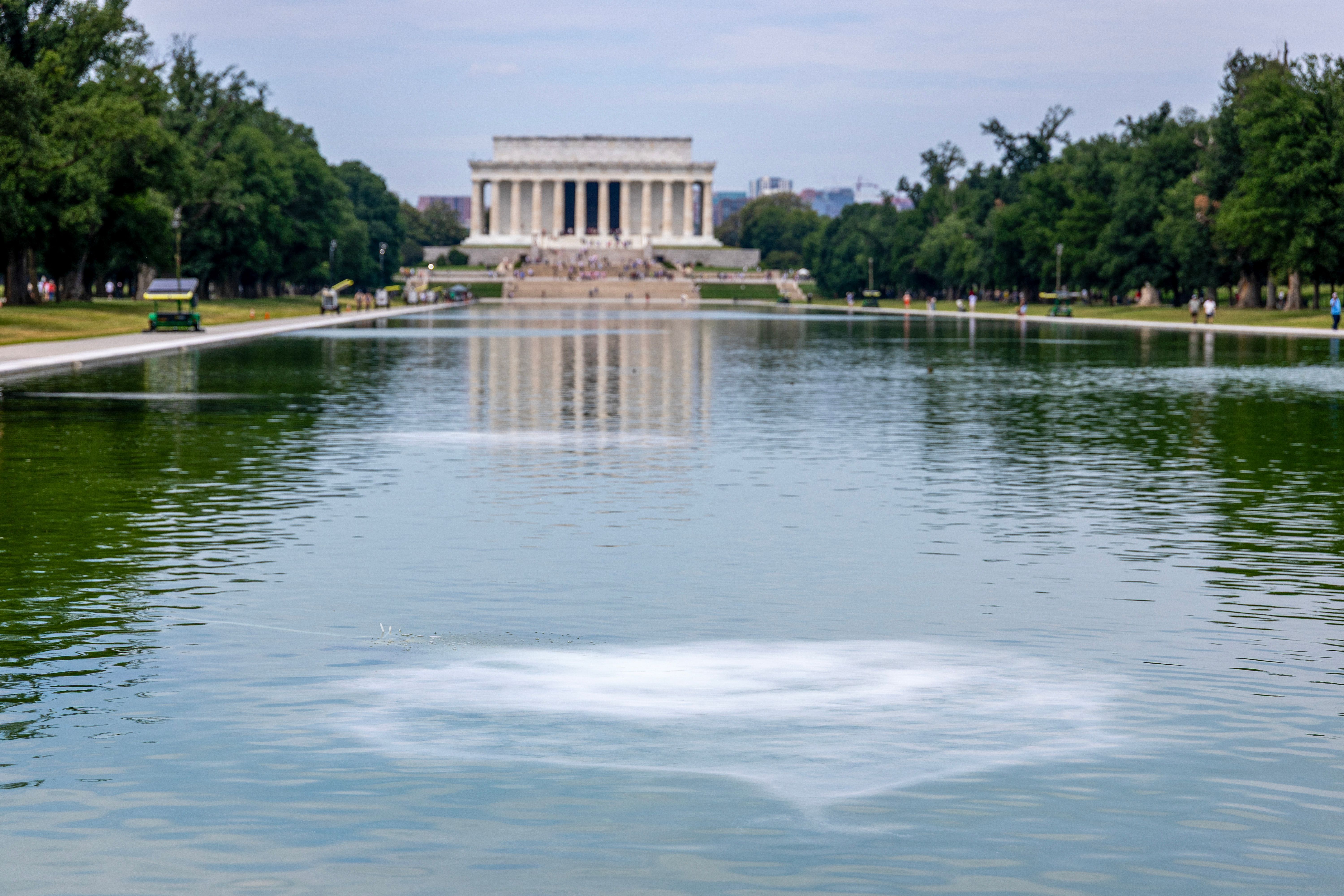 WASHINGTON, DC - JUNE 14: The Lincoln Memorial Reflecting Pool is pictured after it was recently painted blue on June 14, 2026 in Washington, DC. The reflecting pool construction project started in April and work was completed last week as part of President Donald Trump’s plan ahead of the nation’s 250th anniversary.  (Photo by Tasos Katopodis/Getty Images)