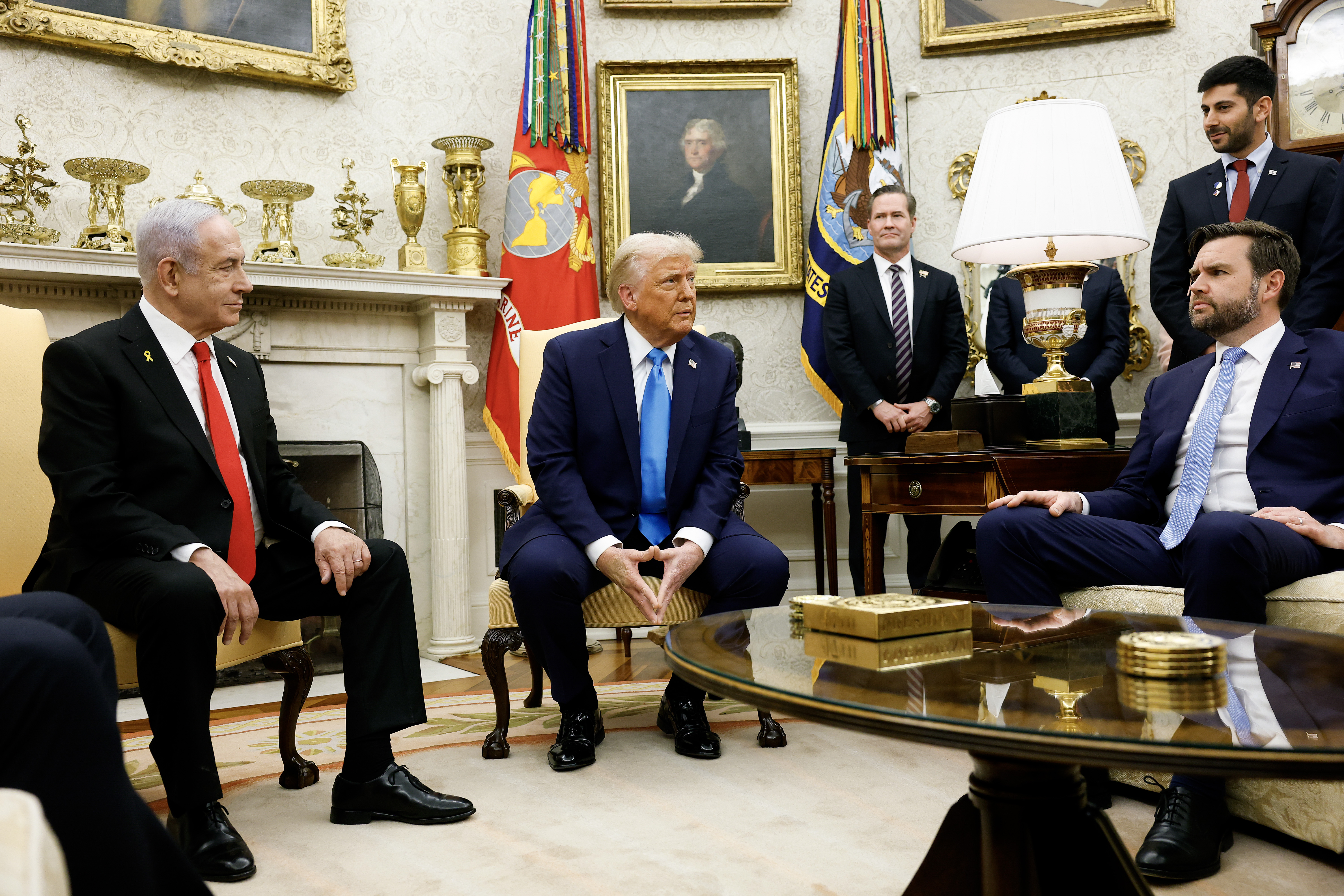 President Donald Trump, accompanied by Israeli Prime Minister Benjamin Netanyahu and Vice President JD Vance, speaks during a meeting in the Oval Office of the White House on February 04, 2025 in Washington, DC (Photo by Anna Moneymaker/Getty Images)