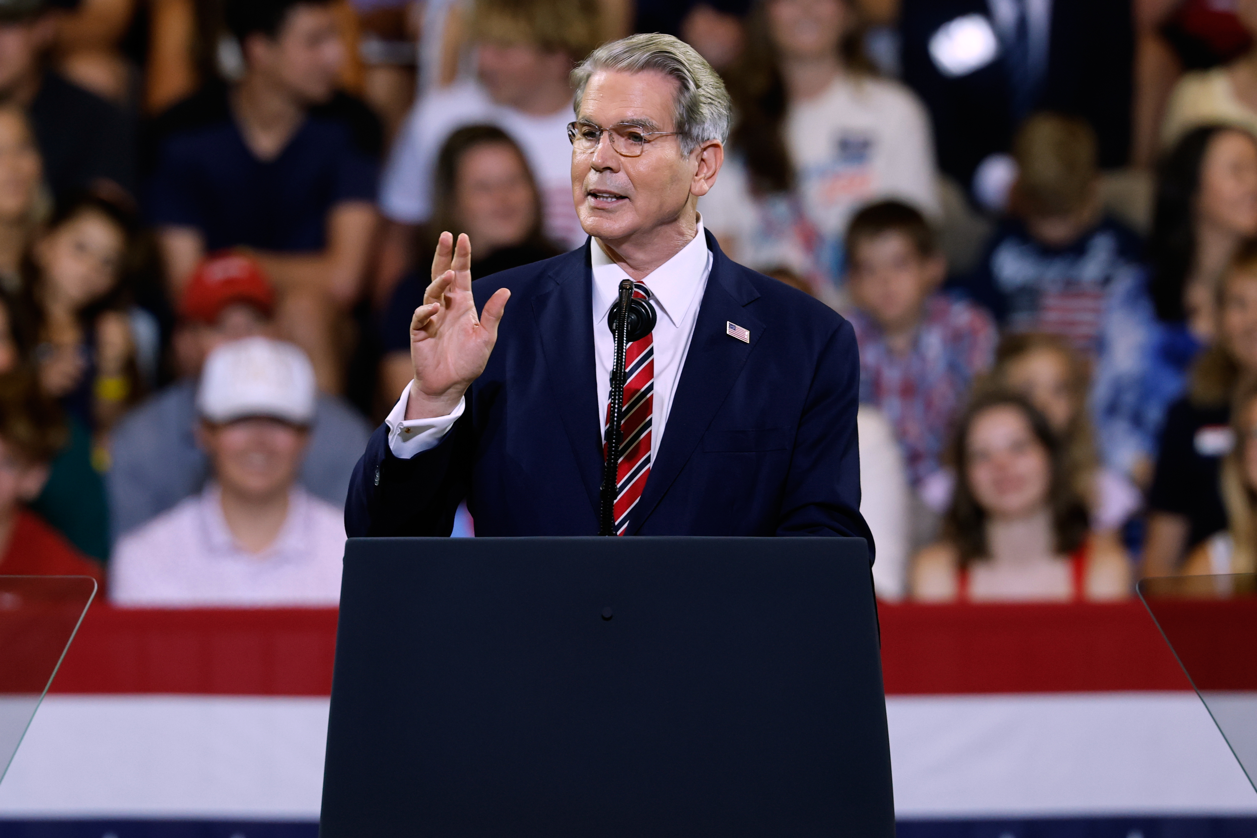 Treasury Secretary Scott Bessent, speaks before President Donald Trump arrives at Wheeler High School in Marietta, Ga., Wednesday, July 22, 2026. (AP Photo/Erik S. Lesser)