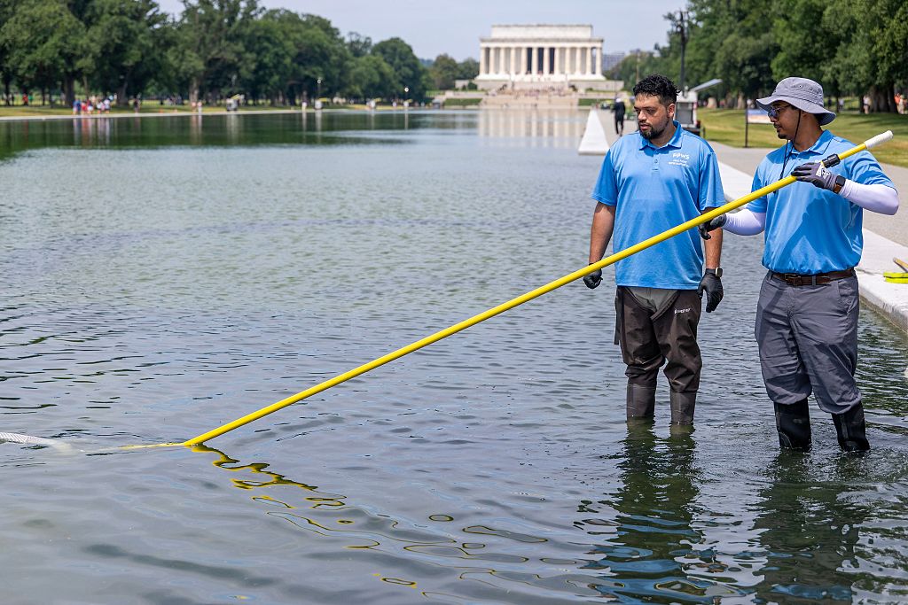 WASHINGTON, DC - JUNE 14: Workers from Pearl Purity Water Solutions LLC work to clean up algae in the Lincoln Memorial Reflecting Pool following the completion of recent renovations on June 14, 2026 in Washington, DC. The reflecting pool construction project started in April and work was completed last week as part of President Donald Trump’s plan ahead of the nation’s 250th anniversary.  (Photo by Tasos Katopodis/Getty Images)