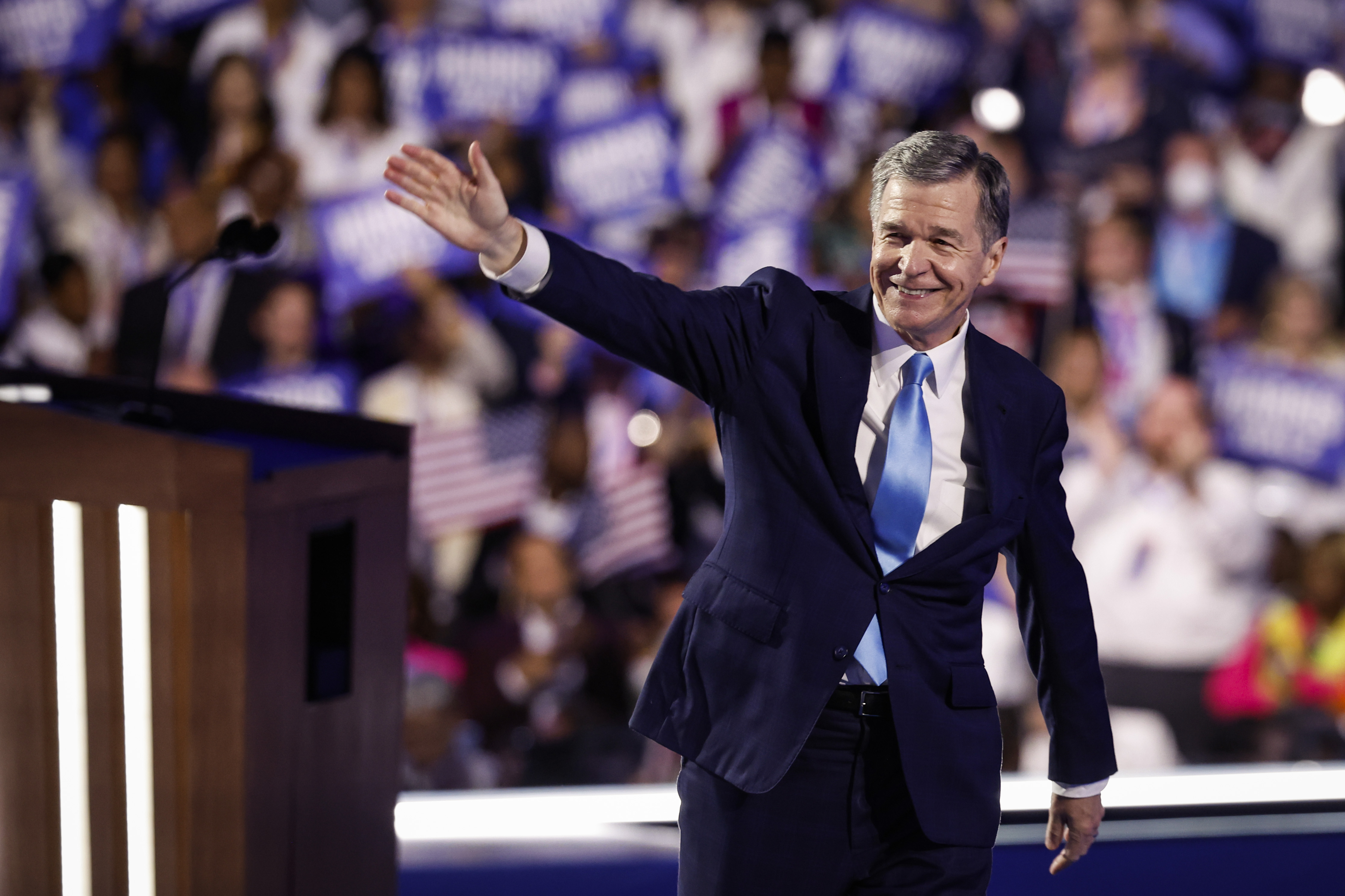 CHICAGO, ILLINOIS - AUGUST 22: North Carolina Gov. Roy Cooper speaks onstage  during the final day of the Democratic National Convention at the United Center on August 22, 2024 in Chicago, Illinois. Delegates, politicians, and Democratic Party supporters are gathering in Chicago, as current Vice President Kamala Harris is named her party's presidential nominee. The DNC takes place from August 19-22. (Photo by Kevin Dietsch/Getty Images)