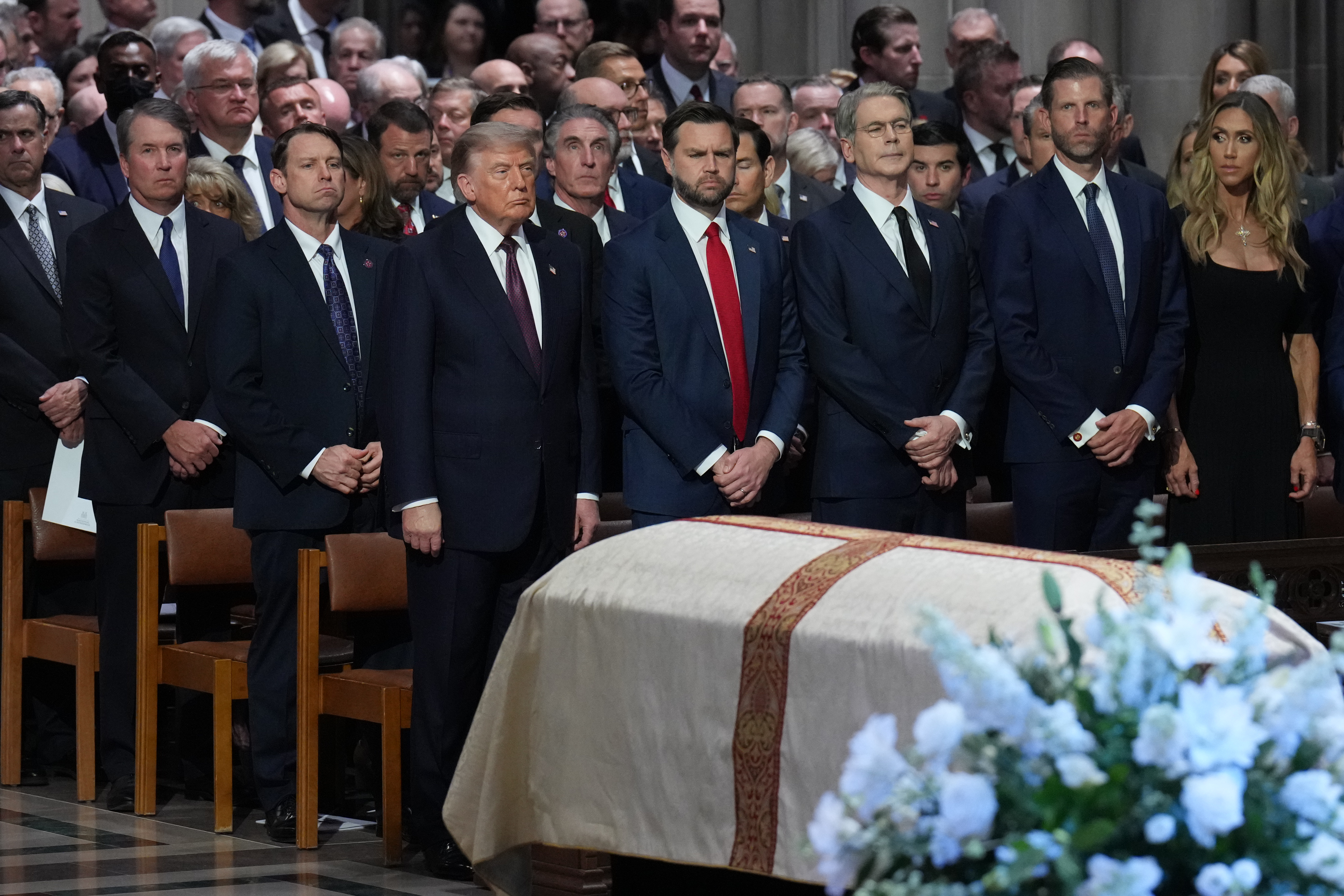 President Donald Trump, Vice President JD Vance and other guests, attend the funeral of Sen. Lindsey Graham, R-S.C., Tuesday July 28, 2026, at the Washington National Cathedral in Washington. (AP Photo/Jacquelyn Martin)