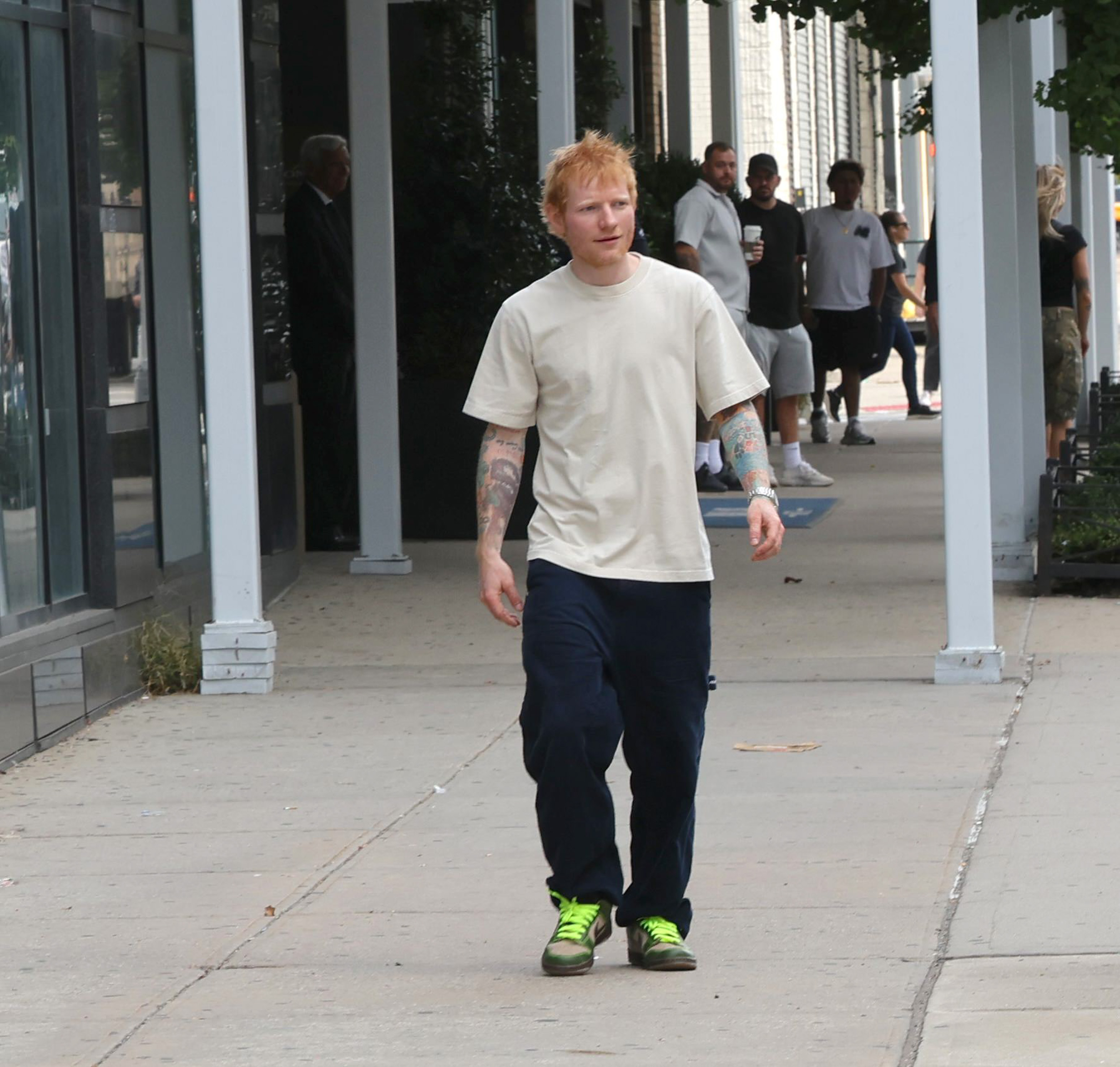 NEW YORK, NY - SEPTEMBER 30: Ed Sheeran is seen on the set of a video in Manhattan on September 30, 2025 in New York City.  (Photo by Jose Perez/Bauer-Griffin/GC Images)