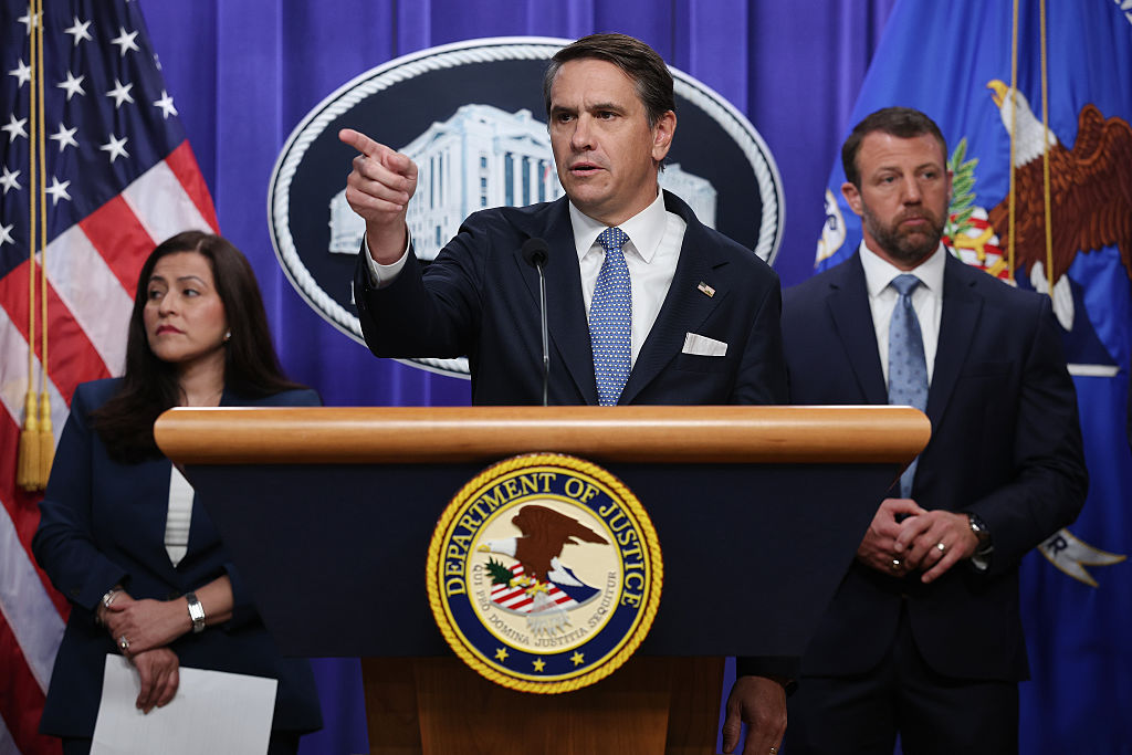 WASHINGTON, DC - JUNE 11: Acting Attorney General Todd Blanche speaks during a press conference at the Department of Justice June 11, 2026 in Washingon, DC. The press conference centered on government efforts to locate and secure unaccompanied immigrant children. Also pictured are Department of Homeland Security Secretary Markwayne Mullin (R) and 
Angie Salazar, Acting Director, Administration for Children and Families, Office of Refugee Resettlement.  (Photo by Win McNamee/Getty Images)