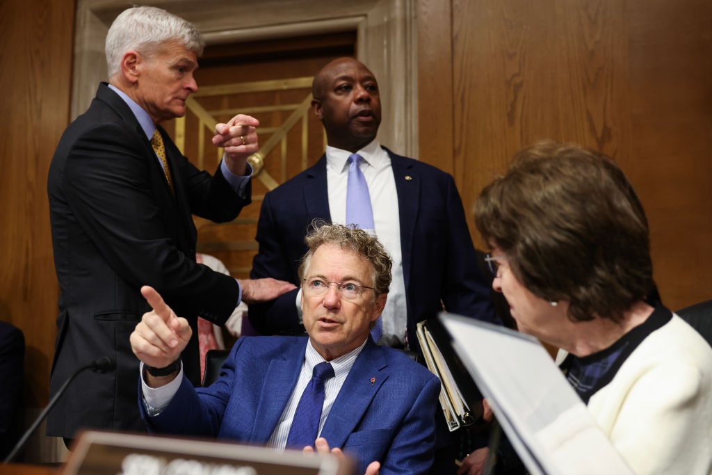 WASHINGTON, DC - MARCH 13: (L-R) U.S Sen. Bill Cassidy (R-LA), Sen. Tim Scott (R-SC), Sen. Rand Paul (R-KY), and Sen. Susan Collins (R-ME) speak before a Health, Education, Labor, and Pensions (HELP) Committee to consider the nominations for NIH Director and FDA Commissioner at the U.S. Capitol on March 13, 2025 in Washington, DC. The Committee voted to advance the nominations of Dr. Jayanta Bhattacharya for Director of the National Institutes of Health (12-11) and Dr. Martin Makary for Commissioner of the U.S. Food and Drug Administration (14-9). (Photo by Kayla Bartkowski/Getty Images)
