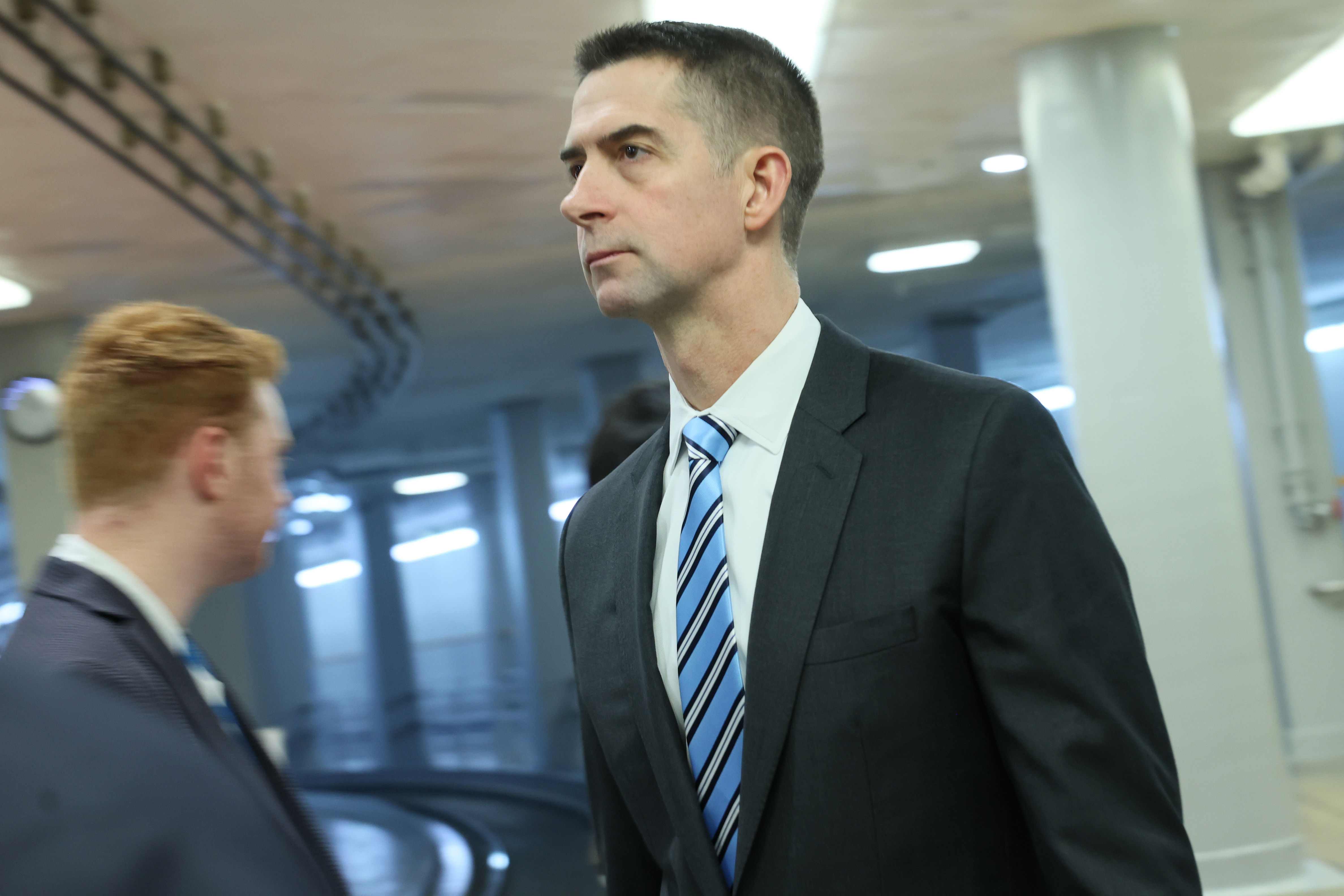 WASHINGTON, DC - FEBRUARY 10: U.S. Sen. Tom Cotton (R-AR) walks through the basement of the US Capitol on February 10, 2026 in Washington, DC. Congress is facing a Friday deadline to find bipartisan legislation to fund the Department of Homeland Security, right before a Presidents Day recess. (Photo by Michael M. Santiago/Getty Images)