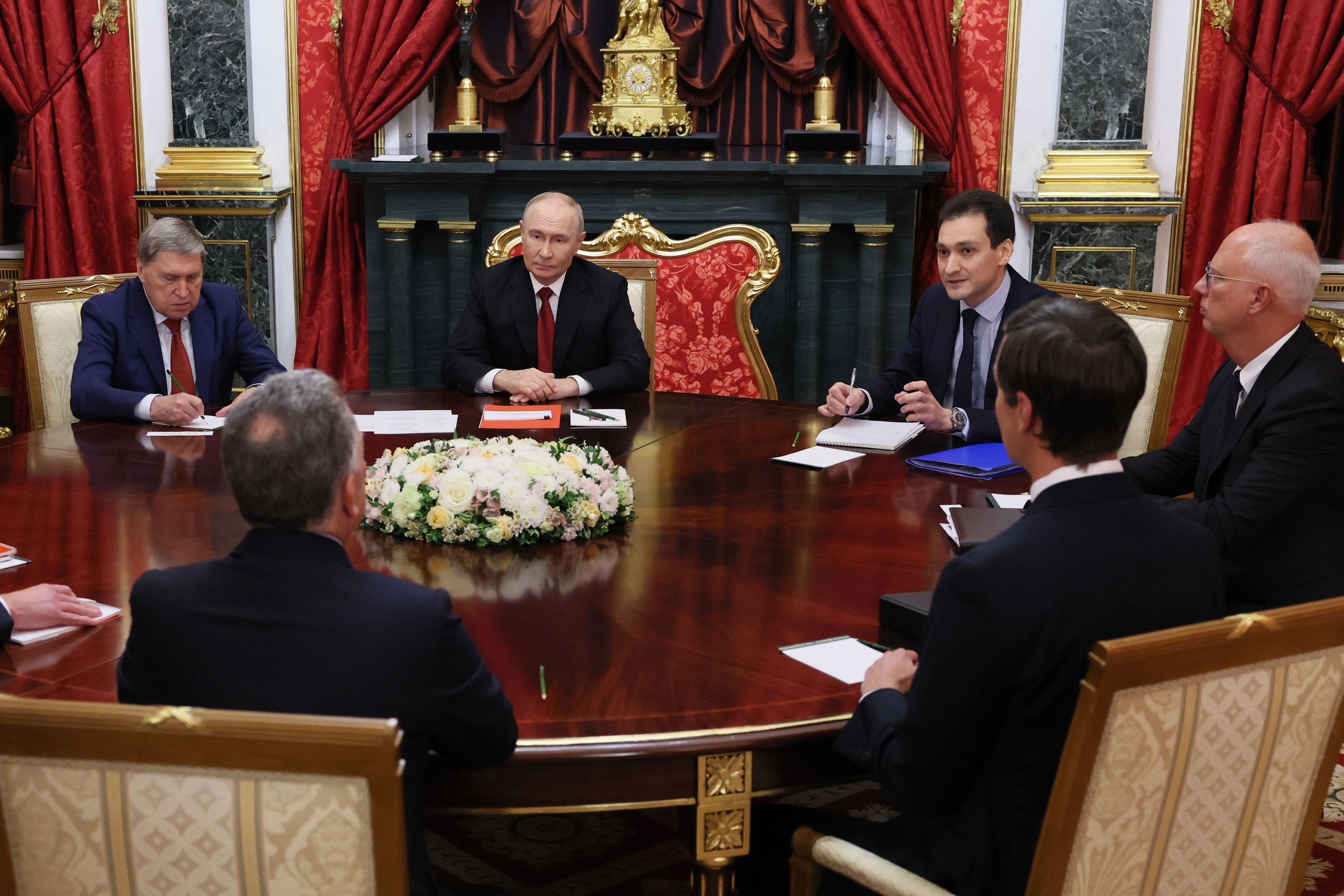 President Vladimir Putin, background center, attends talks with U.S. President Donald Trump's envoys Steve Witkoff, foreground left, back to camera, and&nbsp;Jared Kushner, foreground right, back to camera, at the Senate Palace of the Kremlin in Moscow, on Saturday, Sept. 5, 2026. (Mikhail Metzel/Sputnik/Kremlin Pool Photo via AP)
